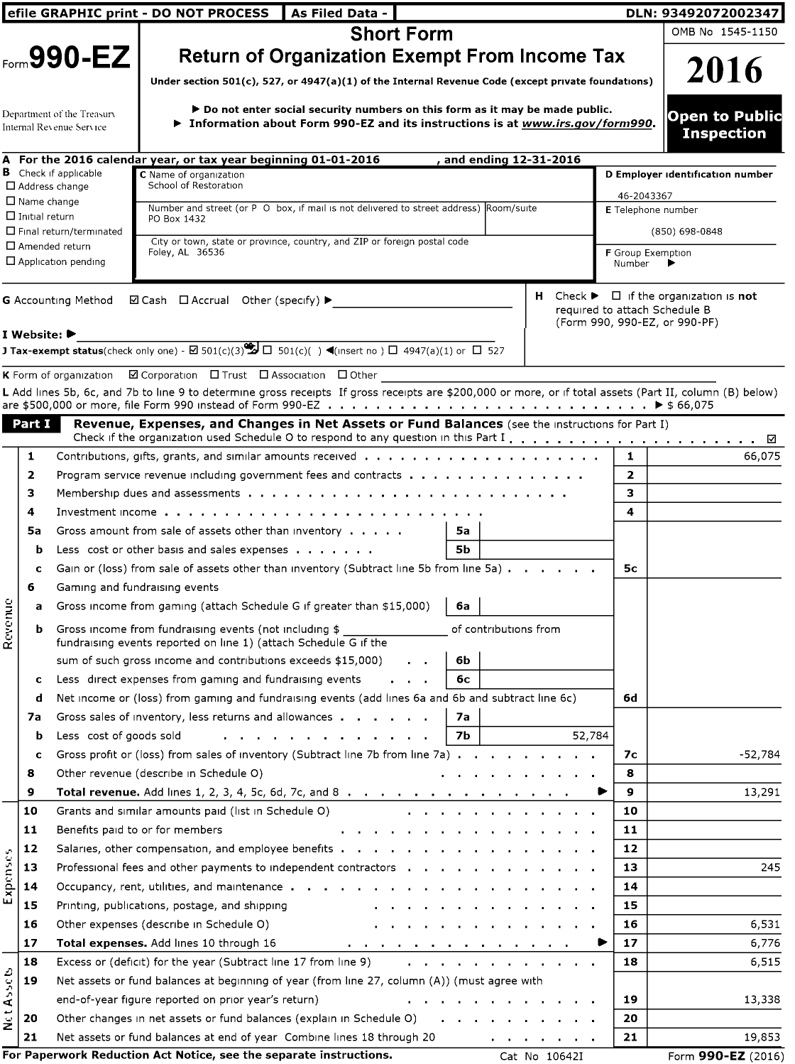 Image of first page of 2016 Form 990EZ for School of Restoration