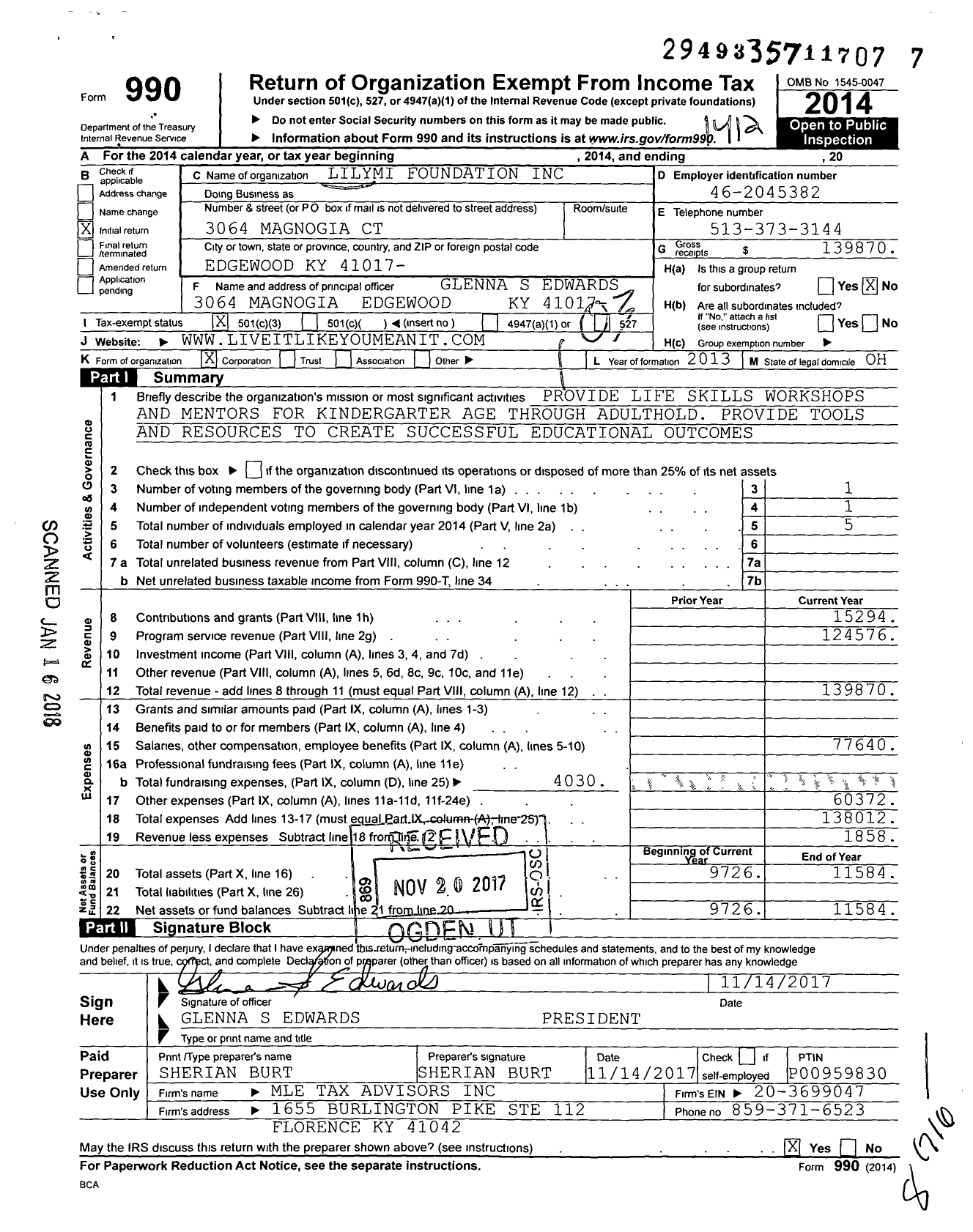 Image of first page of 2014 Form 990 for Lilymi Foundation