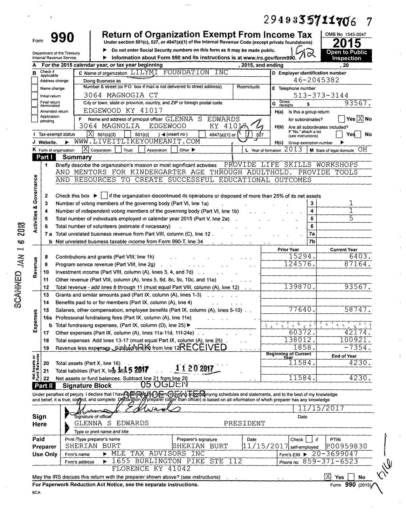 Image of first page of 2015 Form 990 for Lilymi Foundation