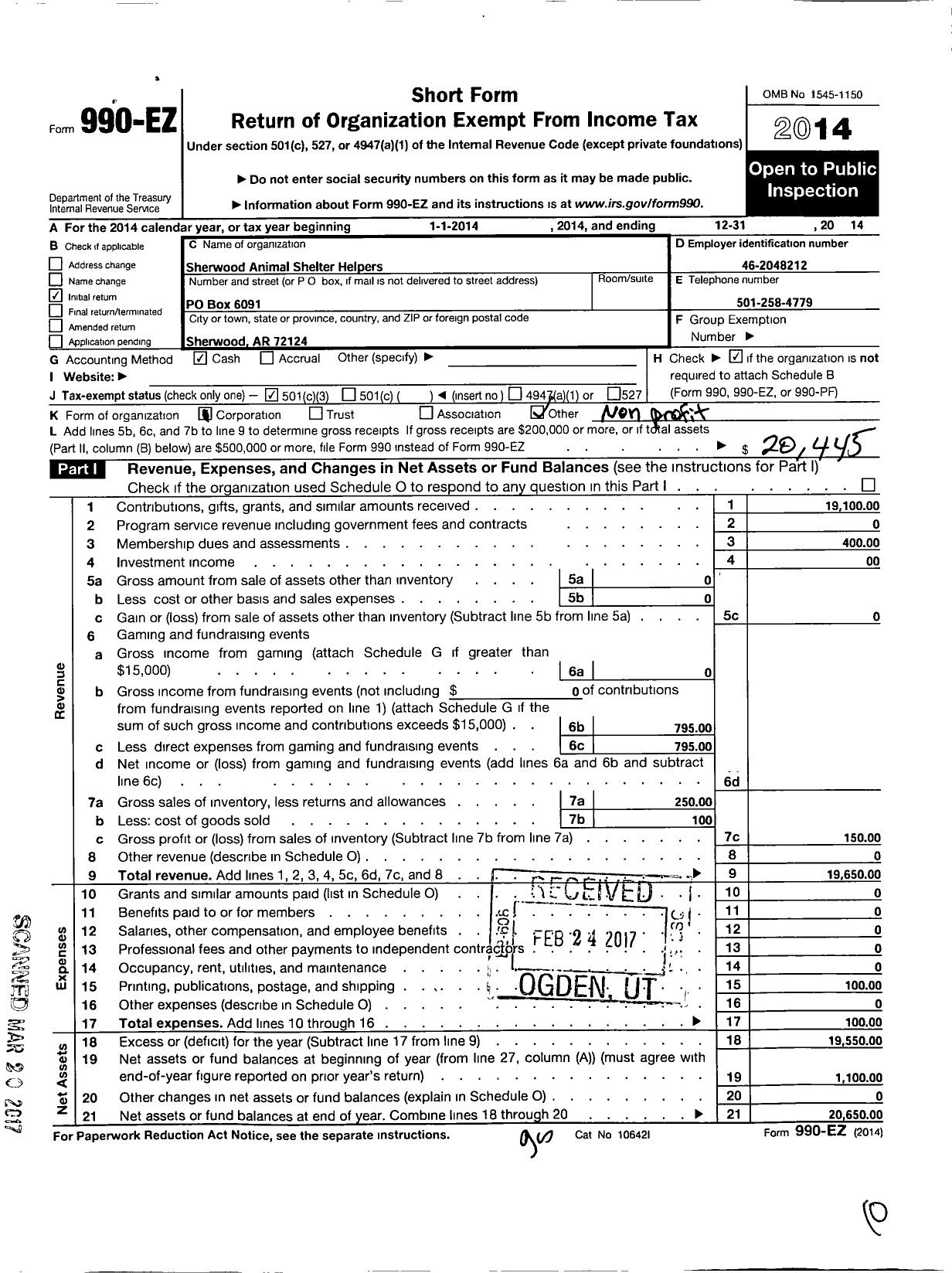 Image of first page of 2014 Form 990EZ for Sherwood Animal Shelter Helpers