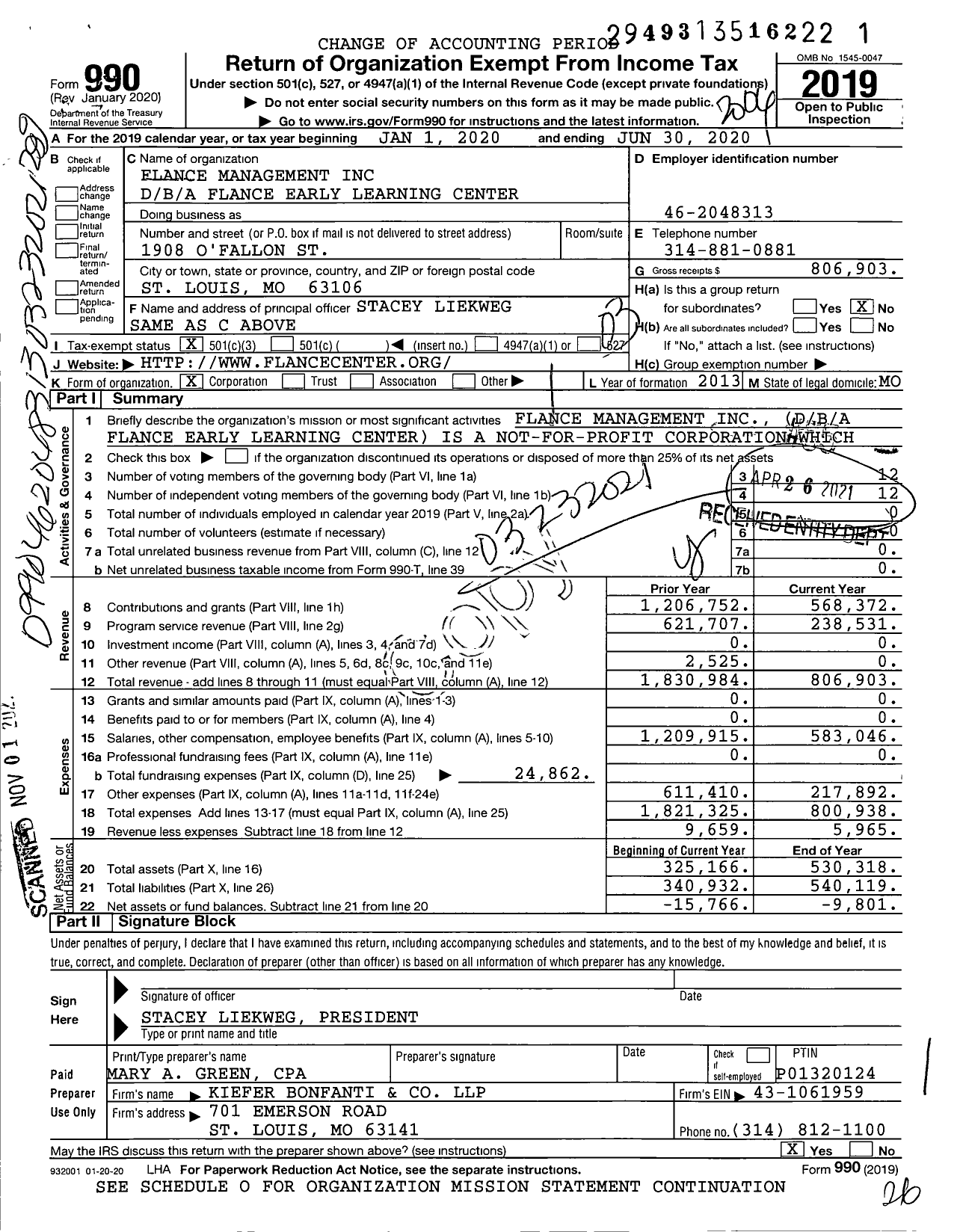 Image of first page of 2019 Form 990 for Flance Early Learning Center