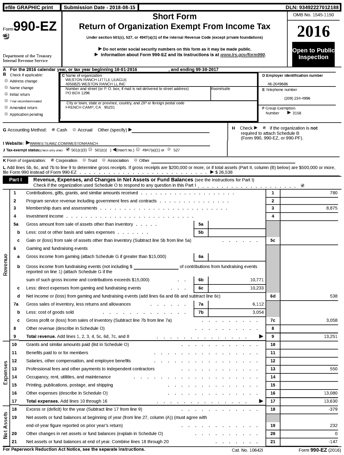 Image of first page of 2016 Form 990EZ for Little League Baseball - 4050825 Weston Ranch LL