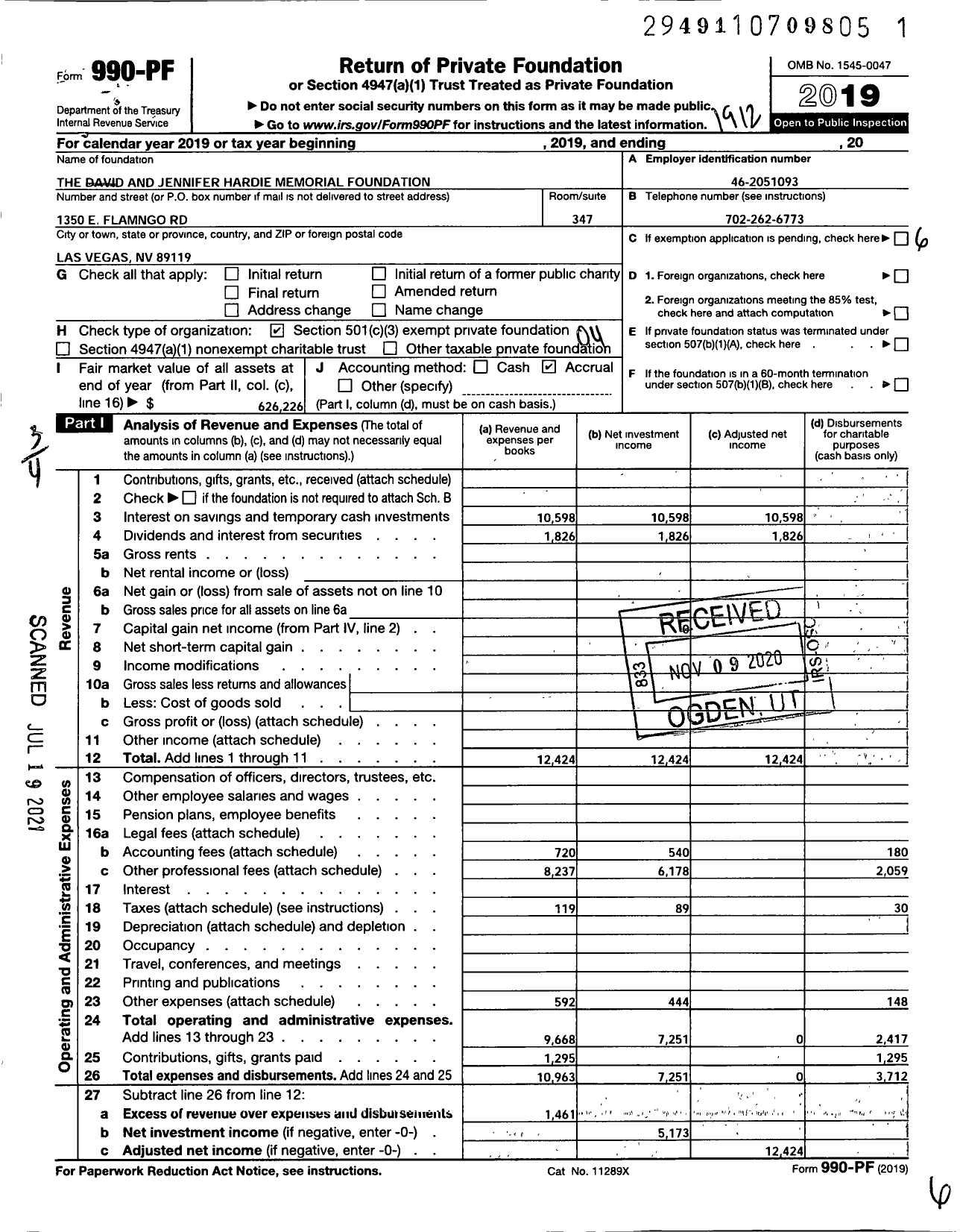 Image of first page of 2019 Form 990PF for The David and Jennifer Hardie Memorial Foundation