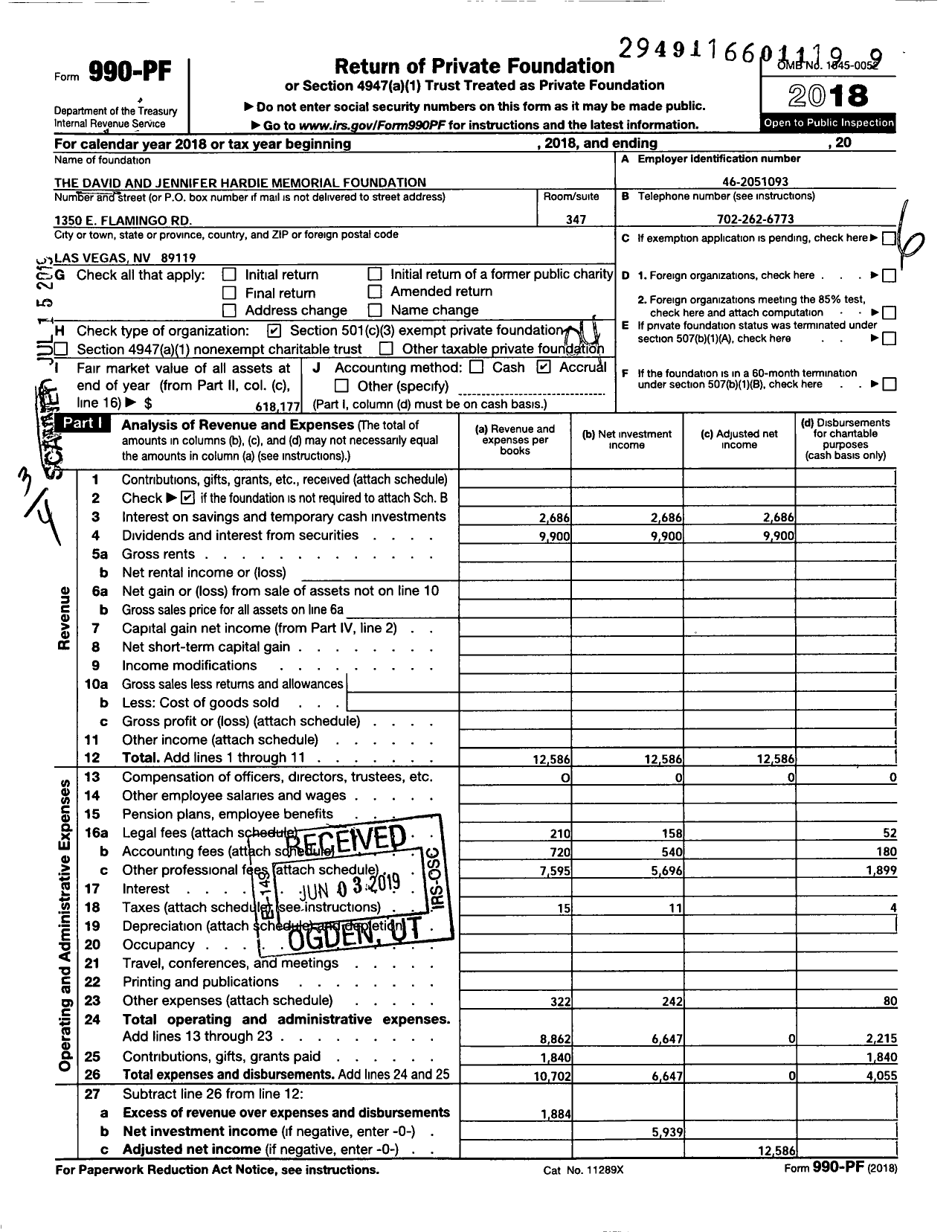 Image of first page of 2018 Form 990PF for The David and Jennifer Hardie Memorial Foundation