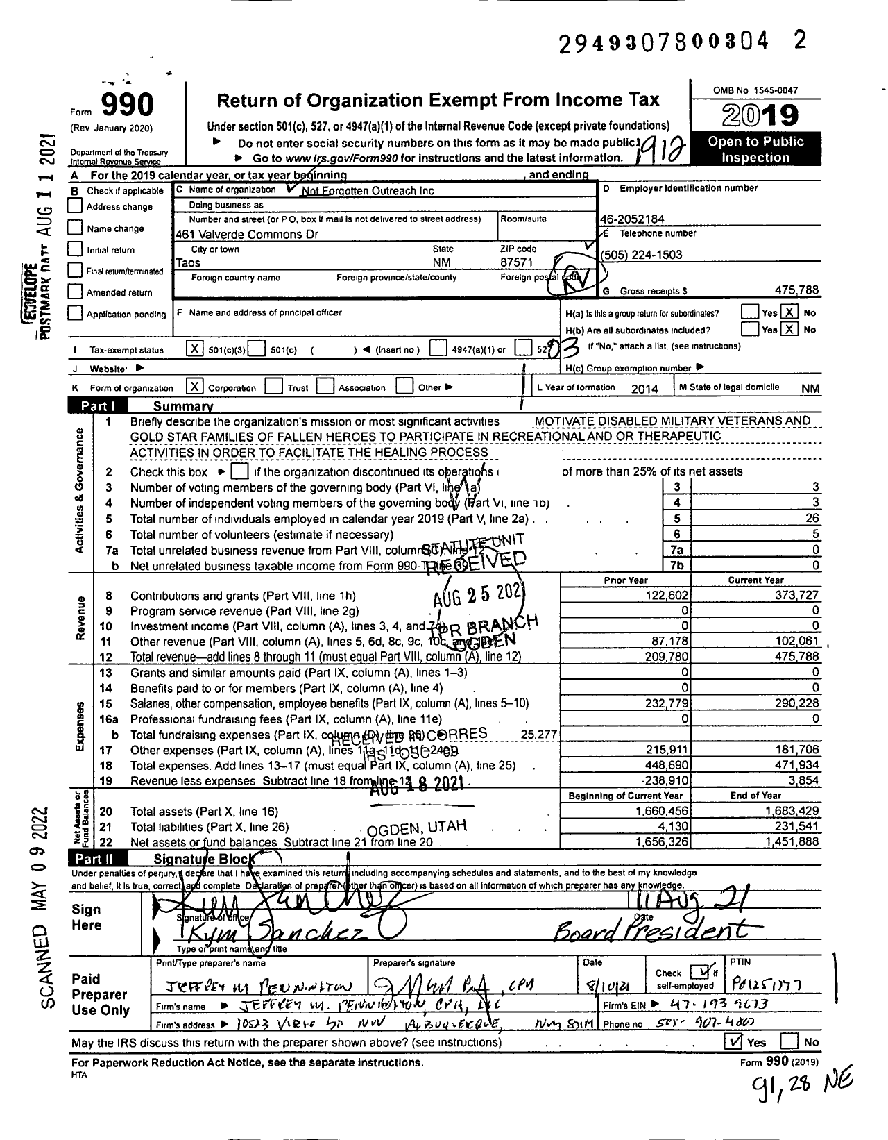 Image of first page of 2019 Form 990 for Not Forgotten Outreach