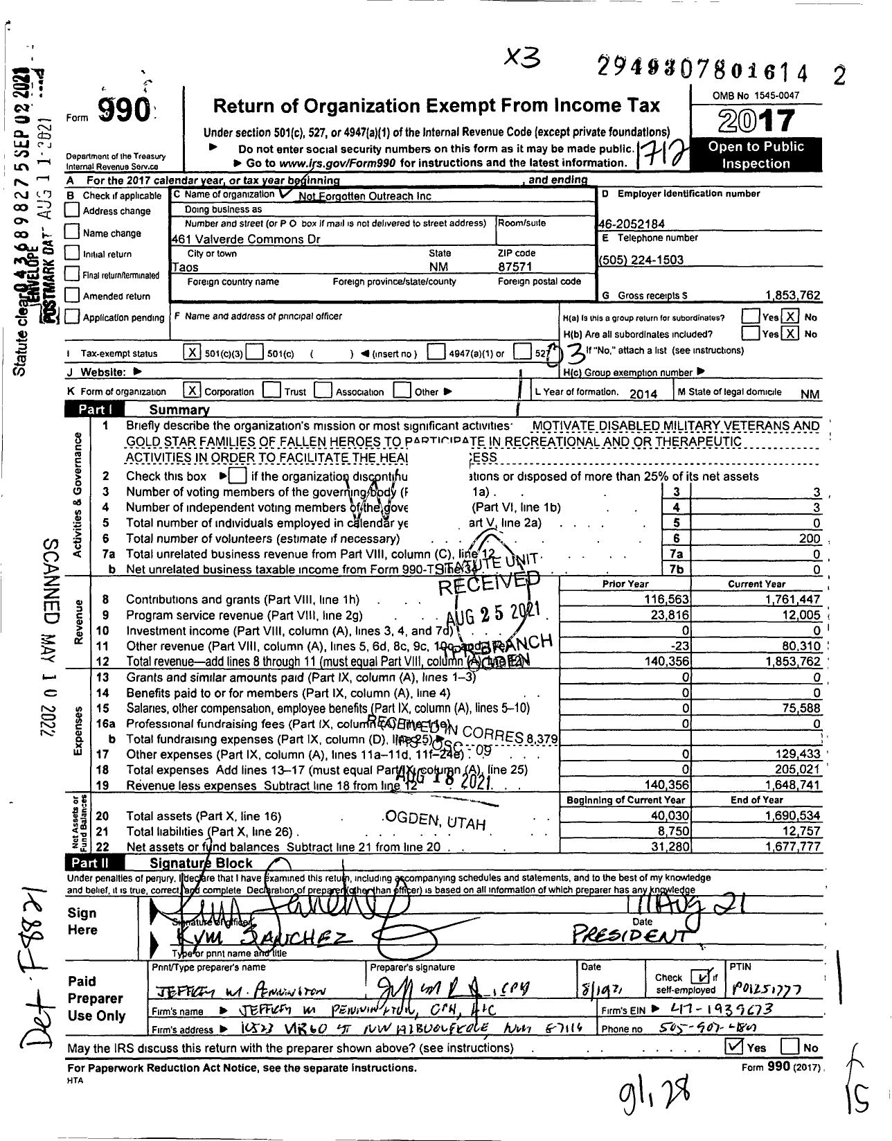 Image of first page of 2017 Form 990 for Not Forgotten Outreach