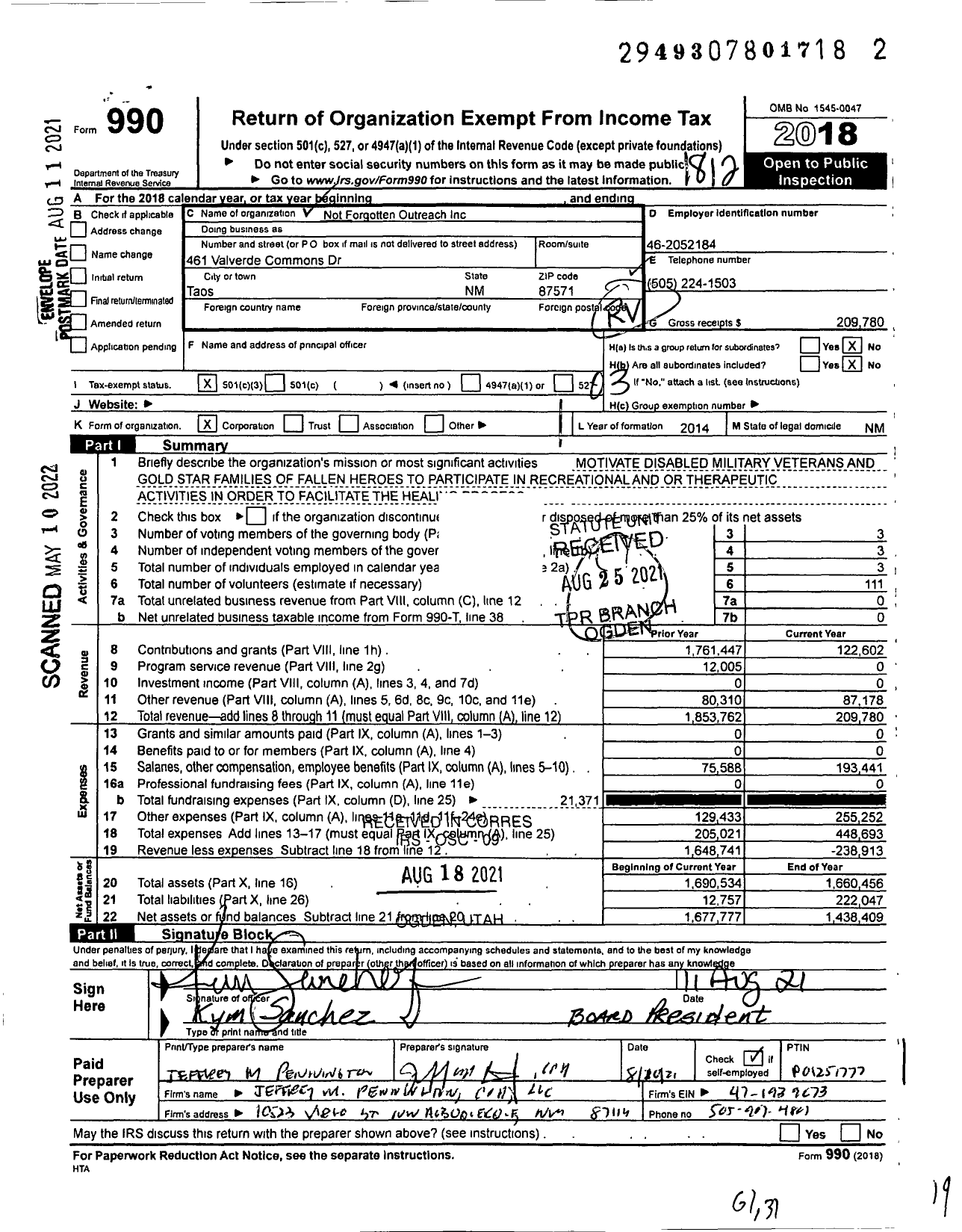 Image of first page of 2018 Form 990 for Not Forgotten Outreach