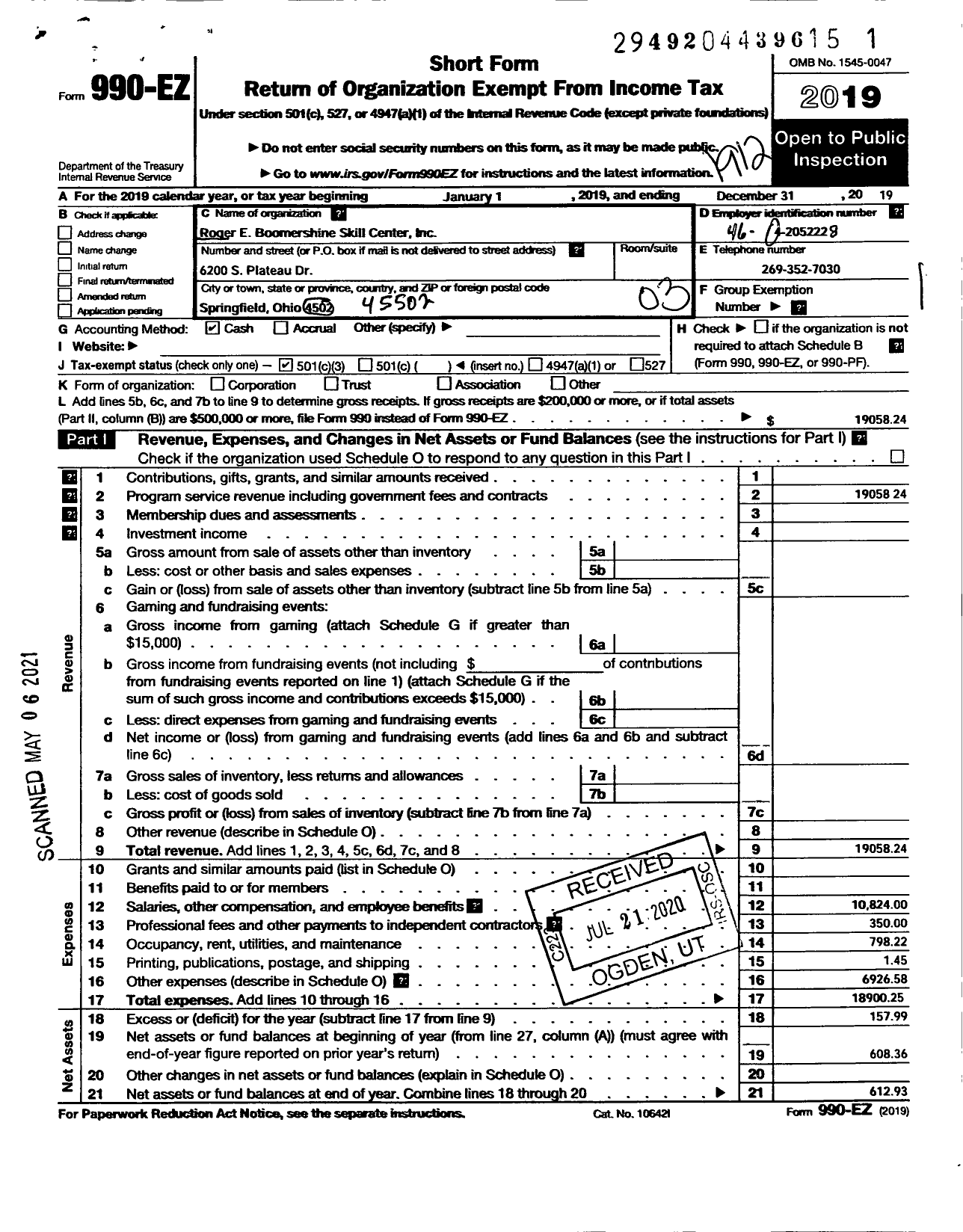 Image of first page of 2019 Form 990EZ for Roger E Boomershine Skill Center