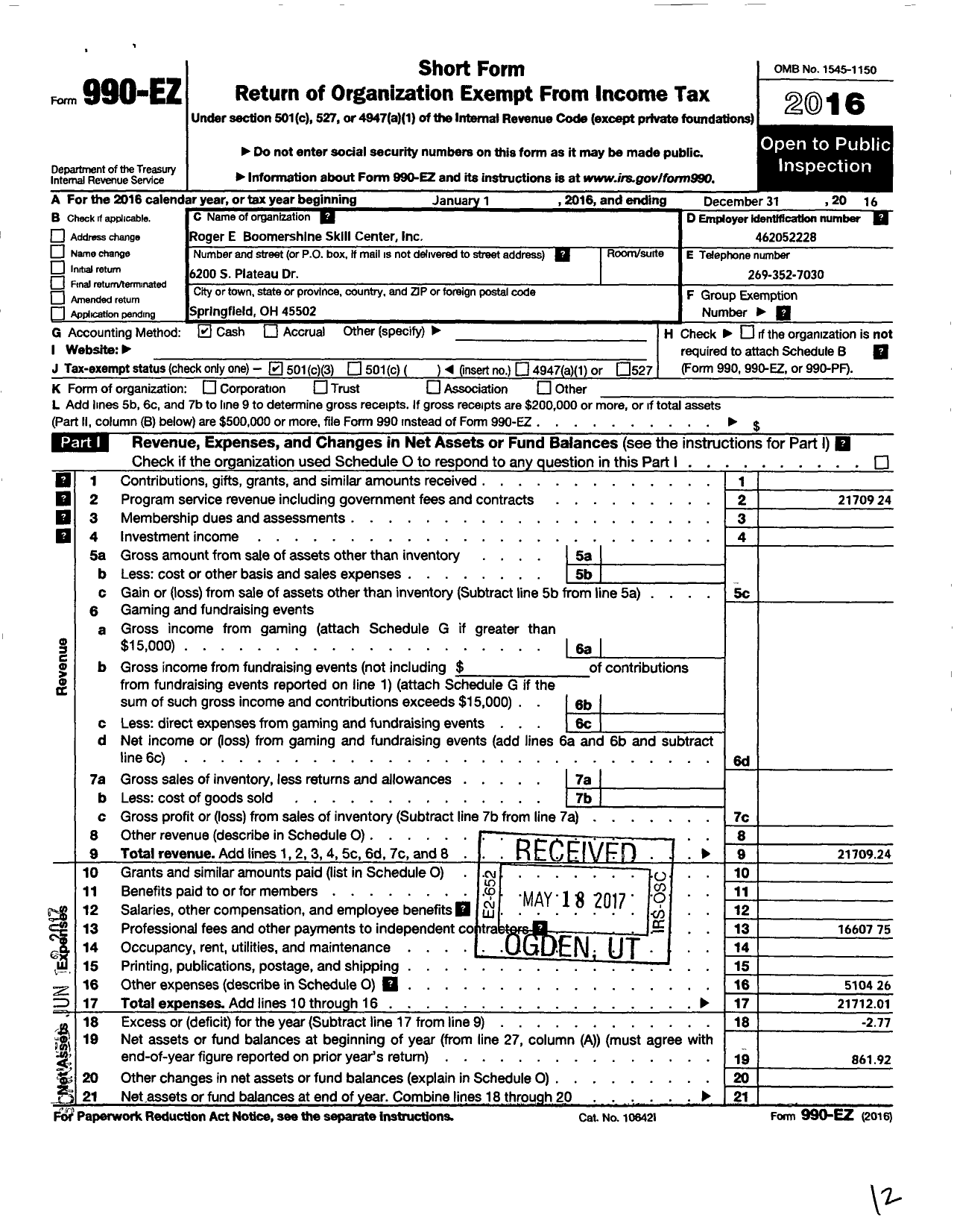 Image of first page of 2016 Form 990EZ for Roger E Boomershine Skill Center