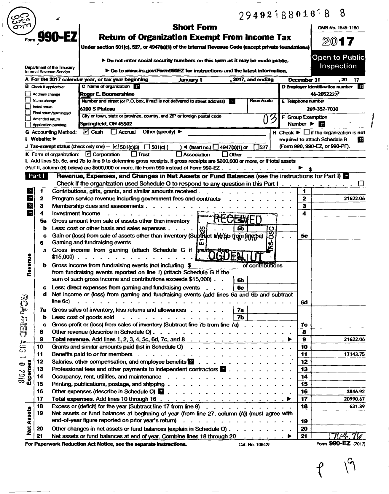 Image of first page of 2017 Form 990EZ for Roger E Boomershine Skill Center