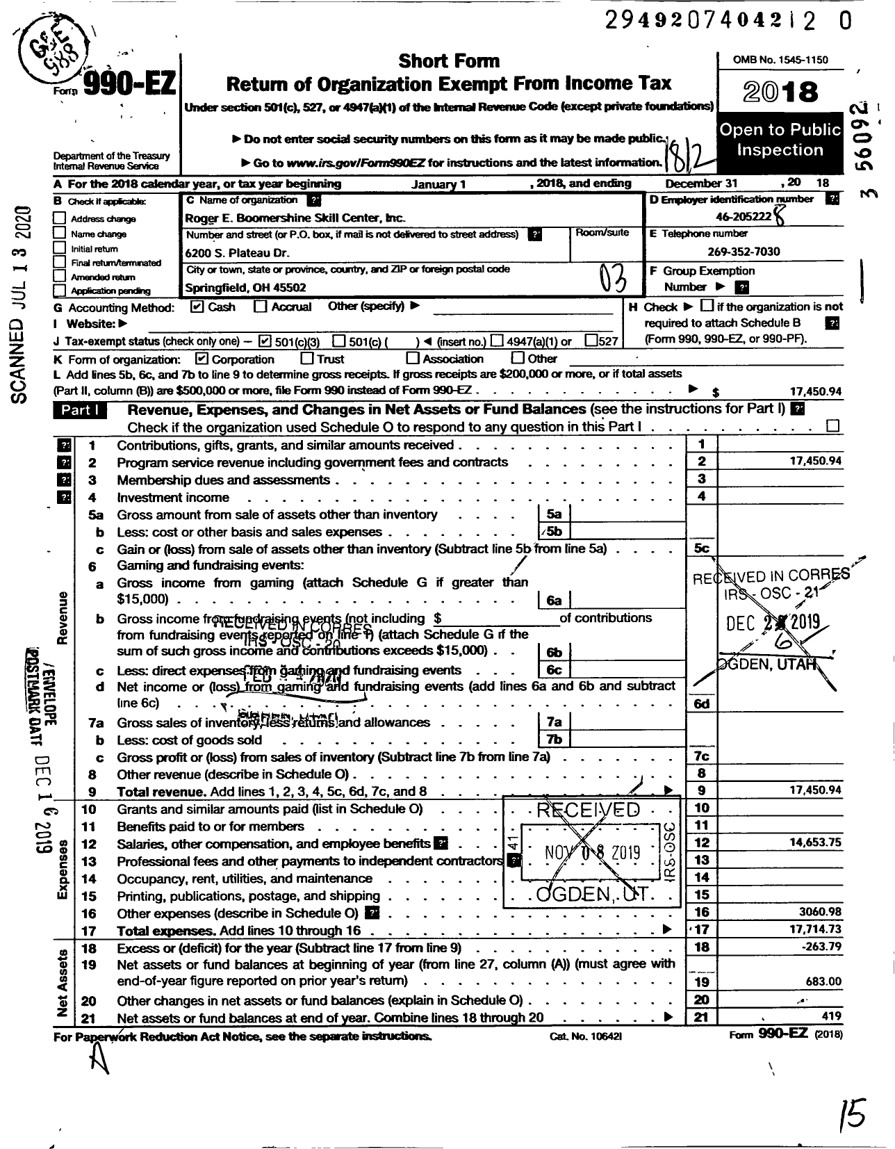 Image of first page of 2018 Form 990EZ for Roger E Boomershine Skill Center