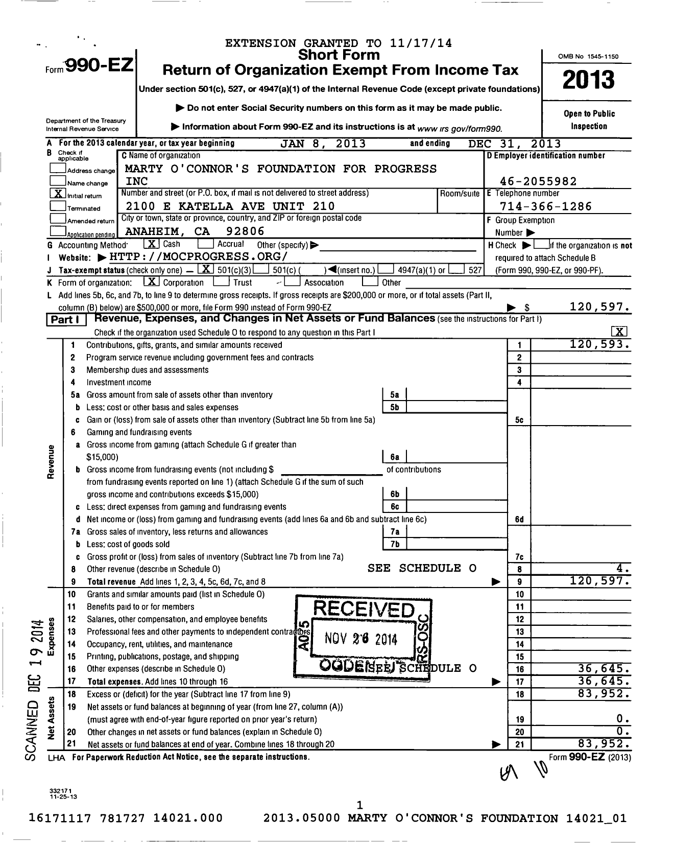 Image of first page of 2013 Form 990EZ for Marty O'Connor Foundation for Progress