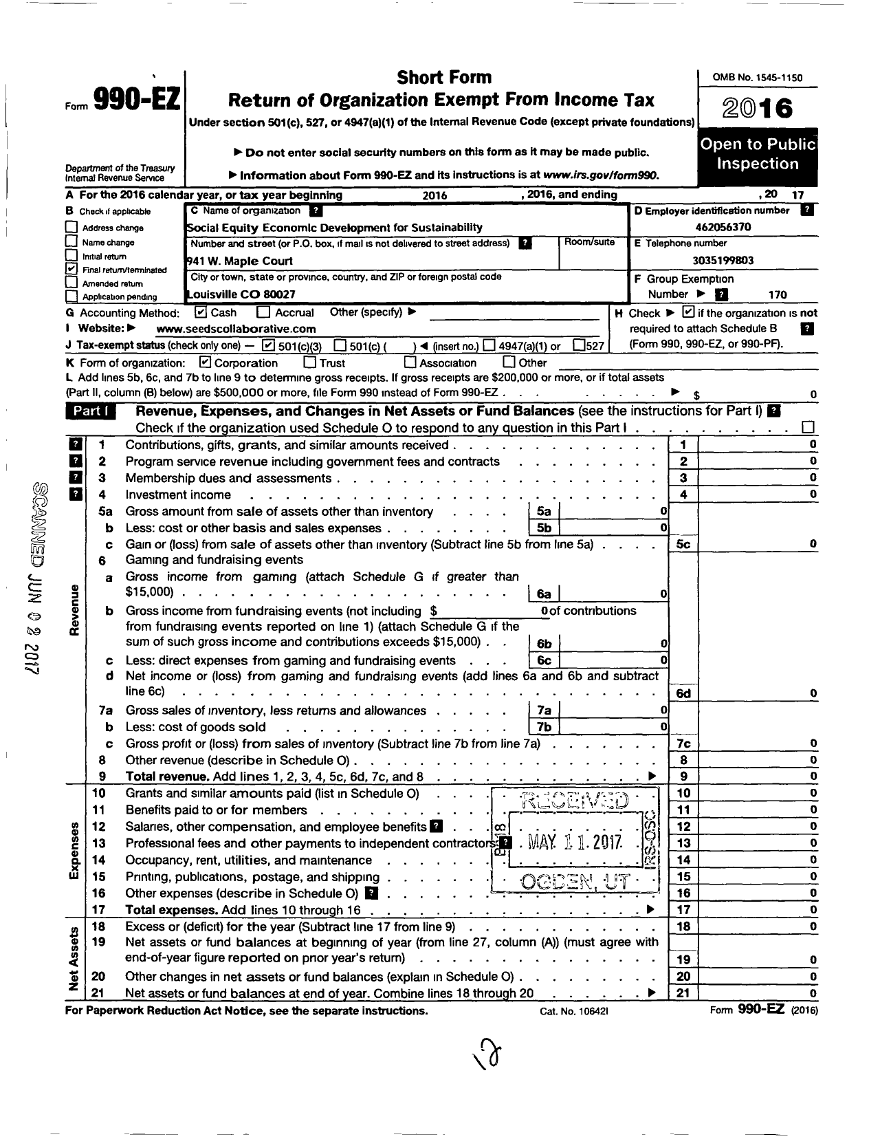 Image of first page of 2017 Form 990EZ for Social Equity Economic Development (SEEDS)