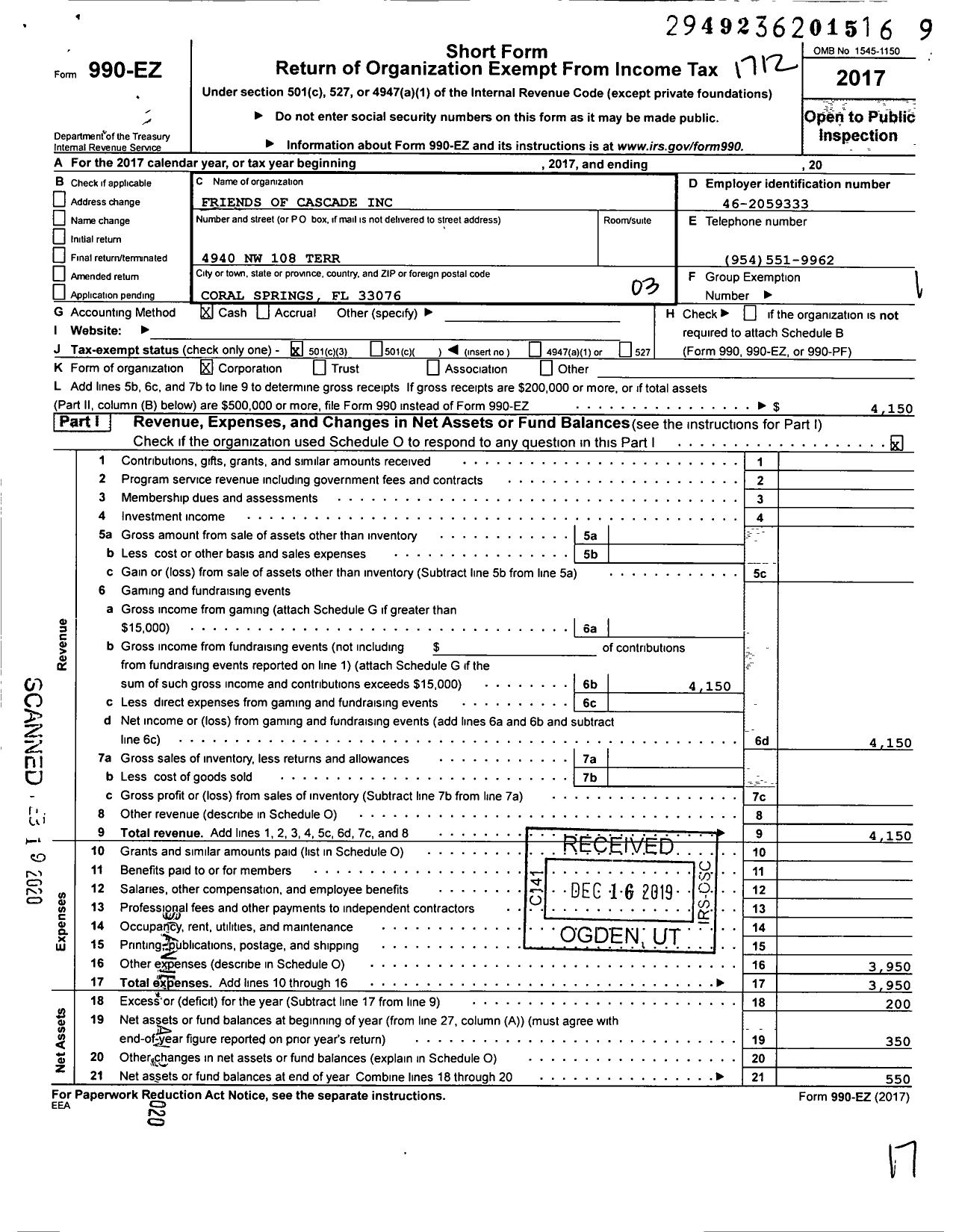 Image of first page of 2017 Form 990EZ for Friends of Cascade