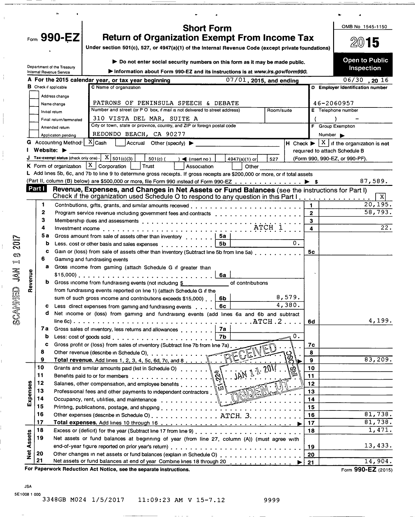 Image of first page of 2015 Form 990EZ for Patrons of Peninsula Speech and Debate