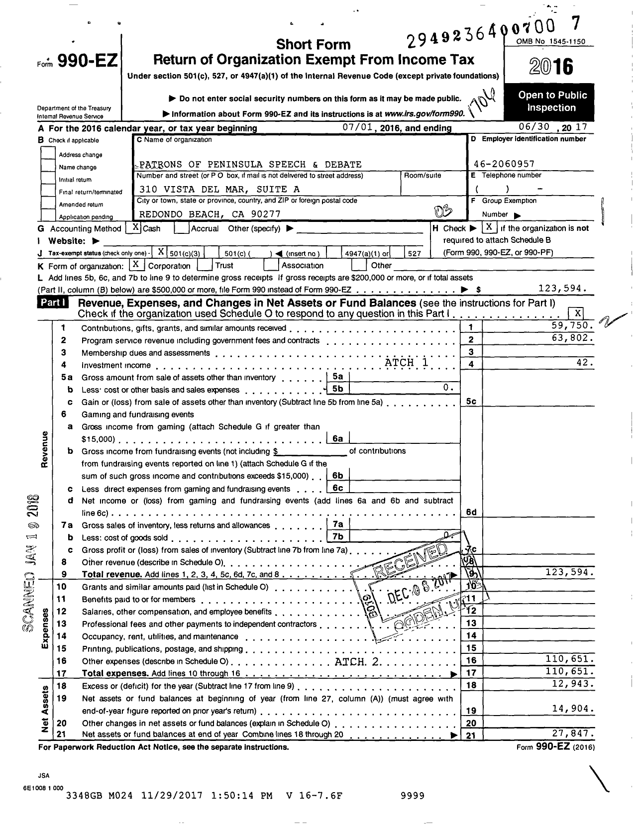 Image of first page of 2016 Form 990EZ for Patrons of Peninsula Speech and Debate