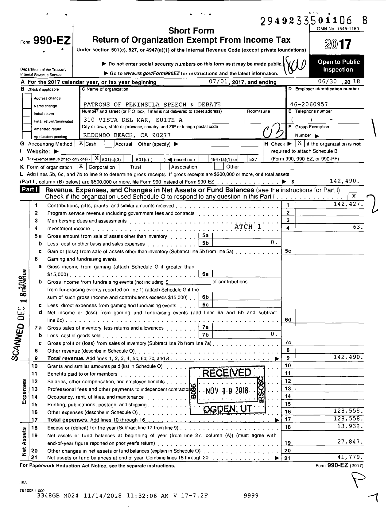 Image of first page of 2017 Form 990EZ for Patrons of Peninsula Speech and Debate