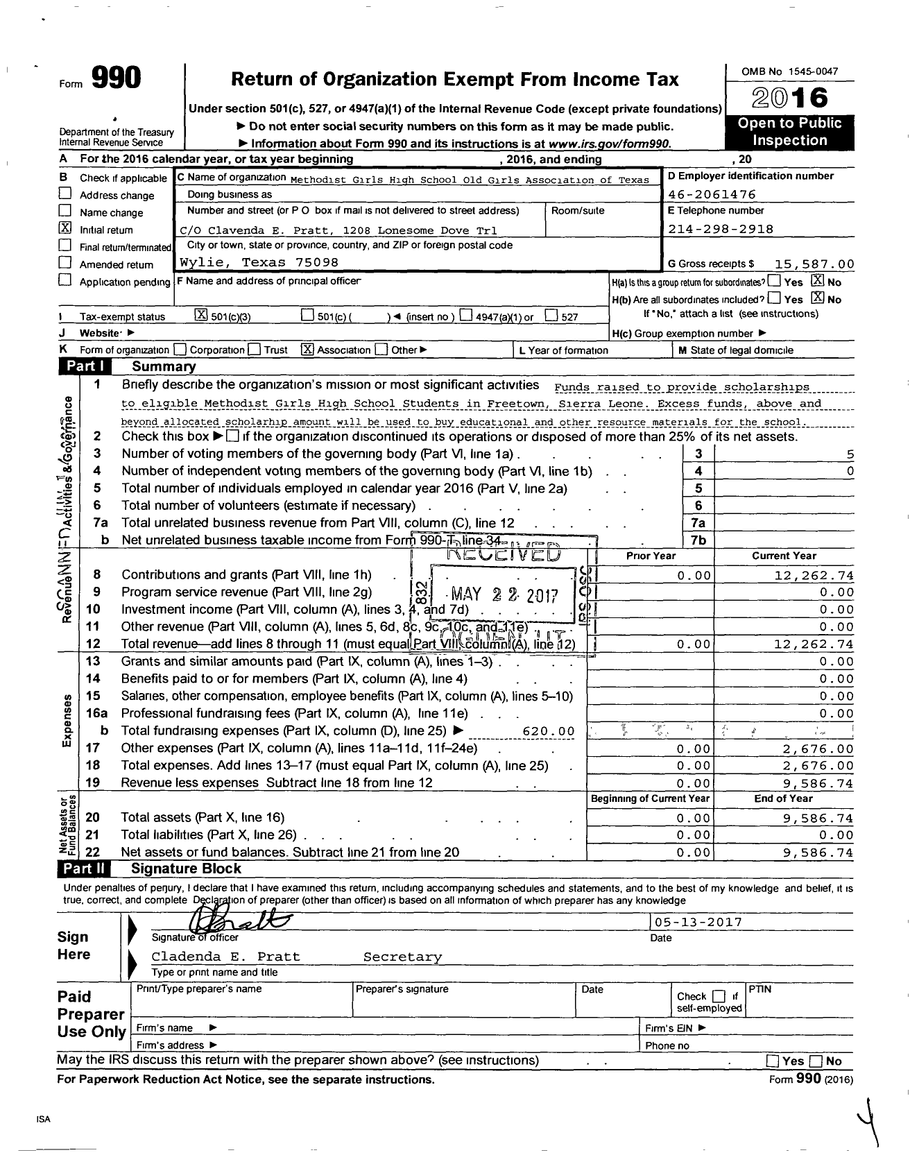 Image of first page of 2016 Form 990 for Methodist Girls High School Old Girls Association of Texas