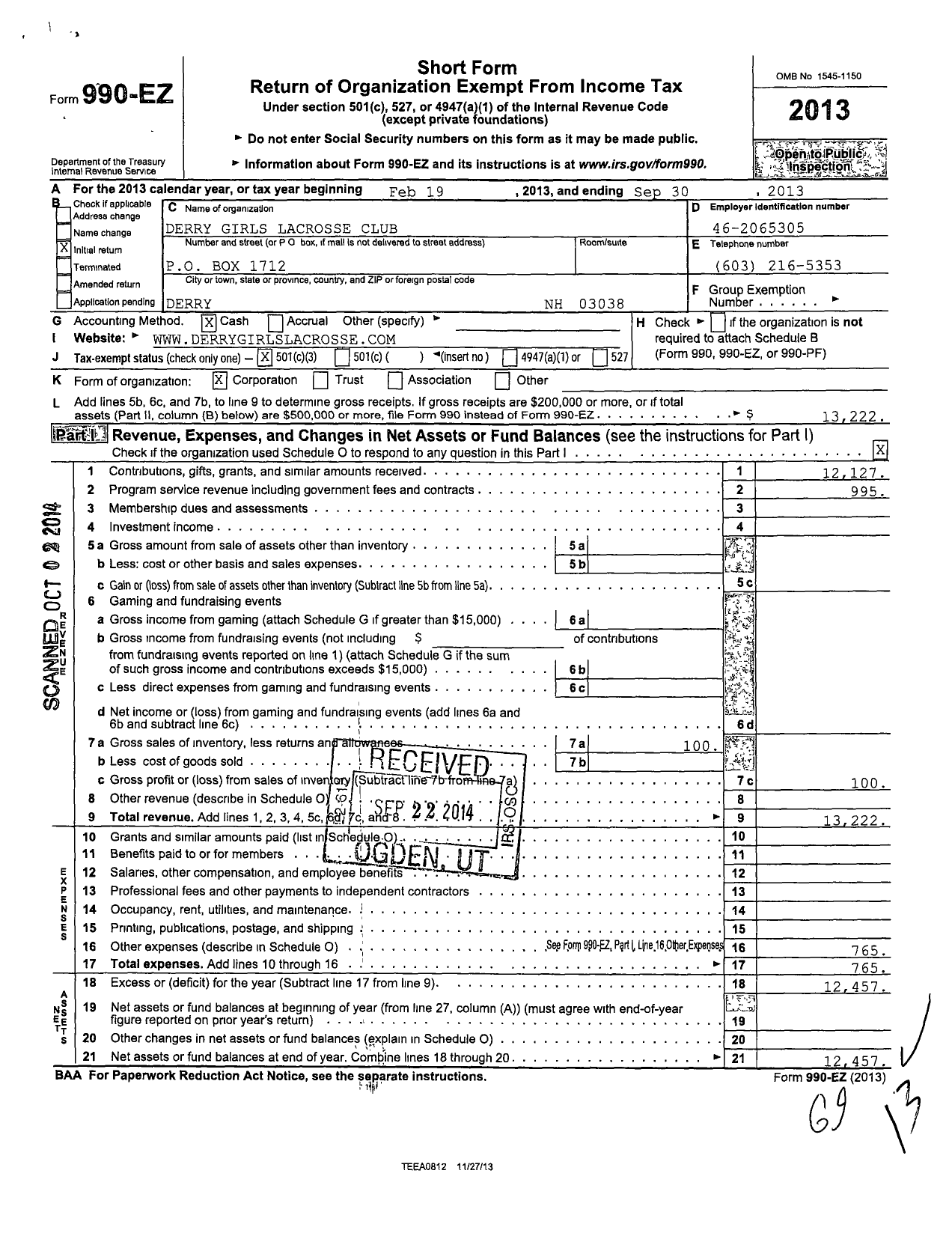 Image of first page of 2012 Form 990EZ for Derry Girls Lacrosse Club