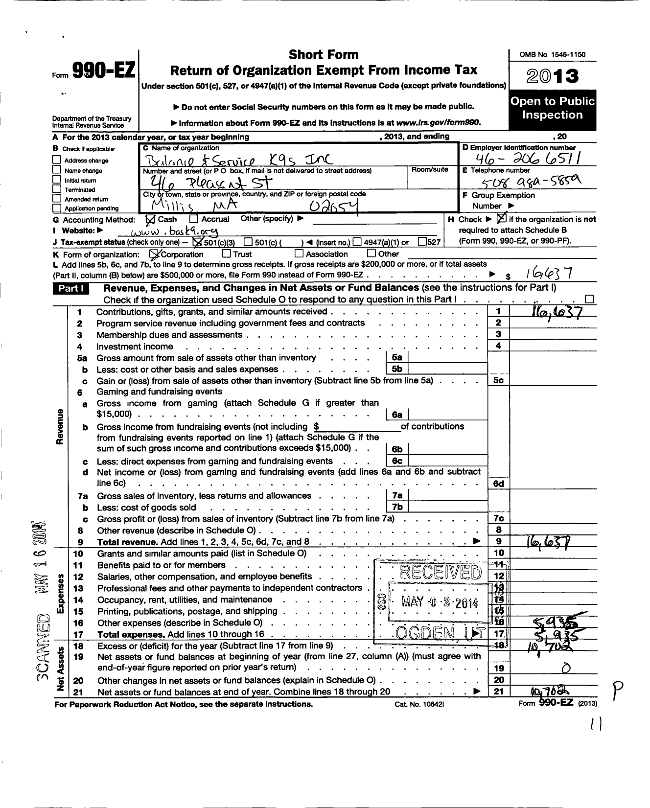 Image of first page of 2013 Form 990EZ for Balance and Services K9S