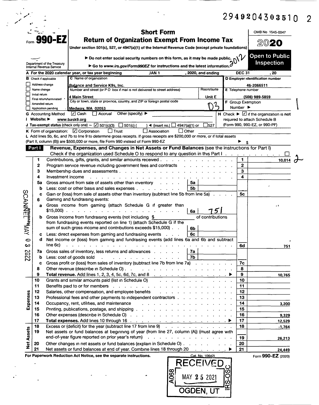 Image of first page of 2020 Form 990EZ for Balance and Services K9S