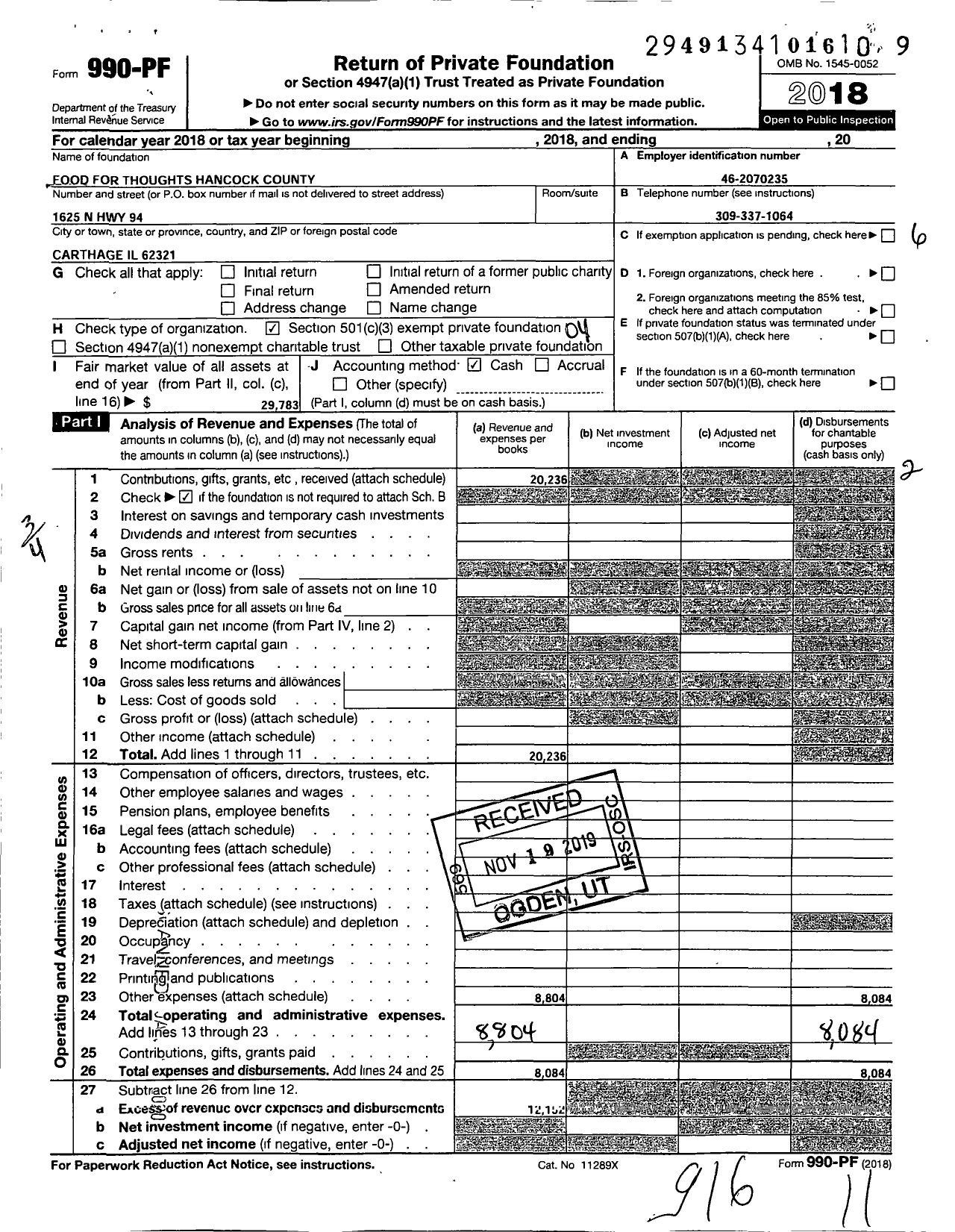Image of first page of 2018 Form 990PF for Food for Thoughts Hancock County