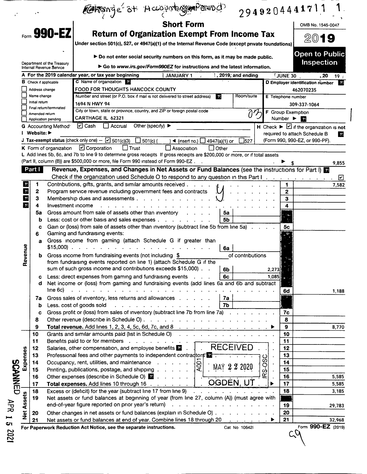 Image of first page of 2018 Form 990EZ for Food for Thoughts Hancock County