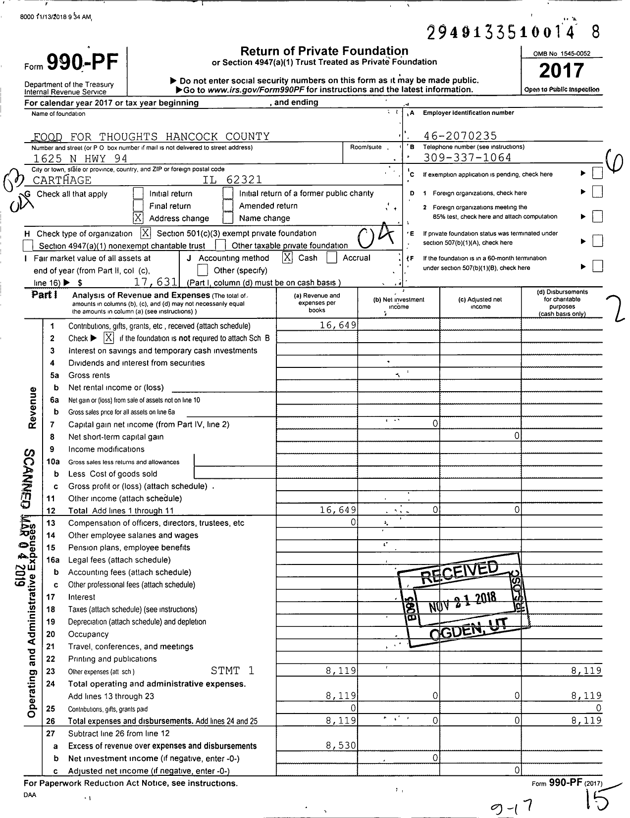 Image of first page of 2017 Form 990PF for Food for Thoughts Hancock County