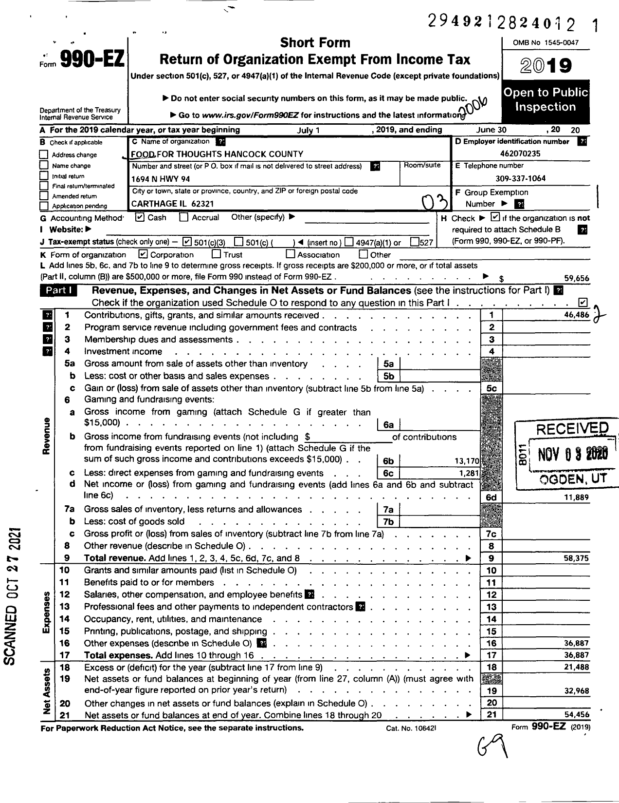 Image of first page of 2019 Form 990EZ for Food for Thoughts Hancock County