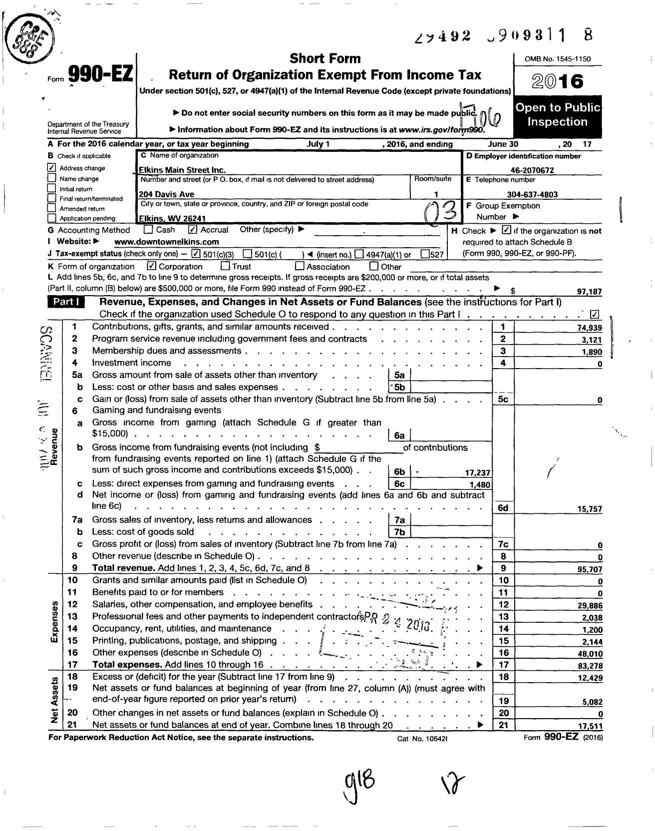 Image of first page of 2016 Form 990EZ for Elkins Main Street