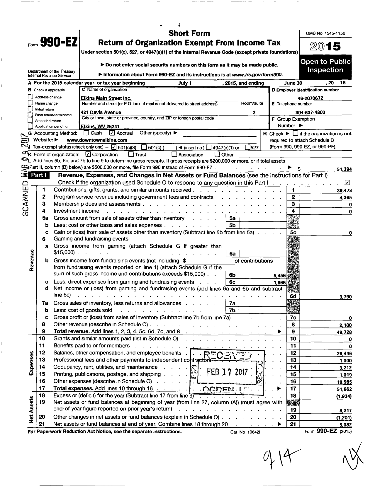 Image of first page of 2015 Form 990EZ for Elkins Main Street