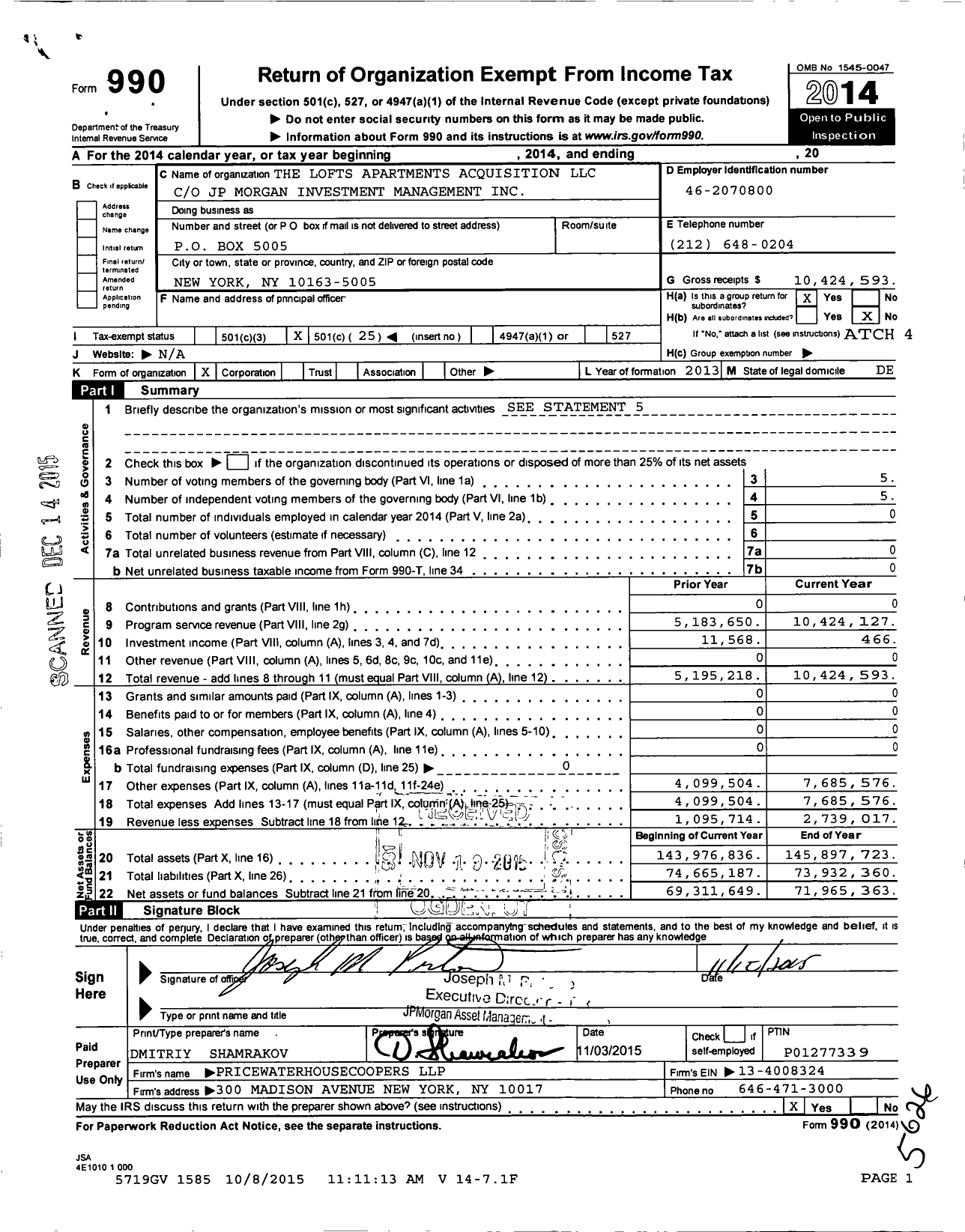 Image of first page of 2014 Form 990O for Lofts Apartments Acquisition LLC