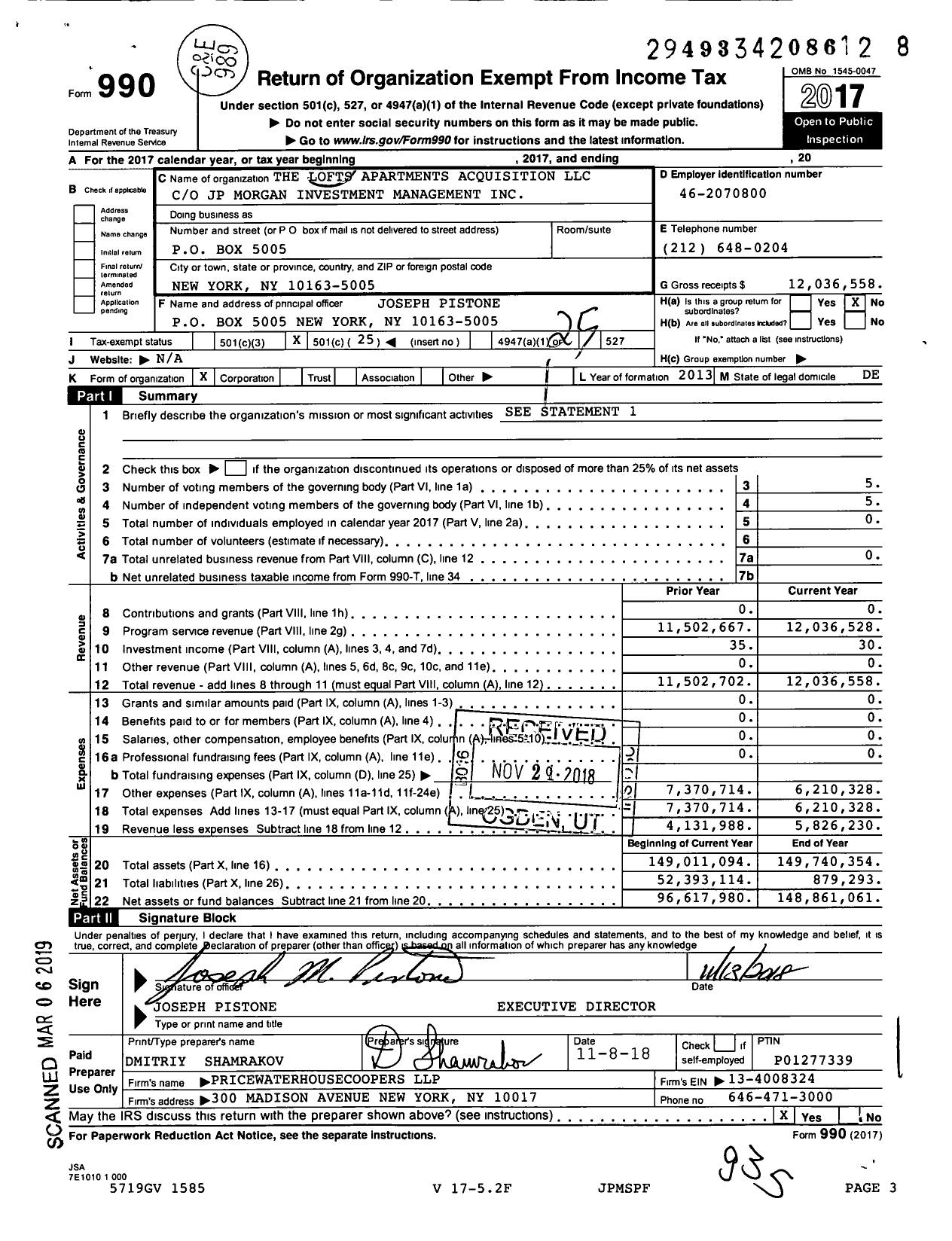 Image of first page of 2017 Form 990O for Lofts Apartments Acquisition LLC