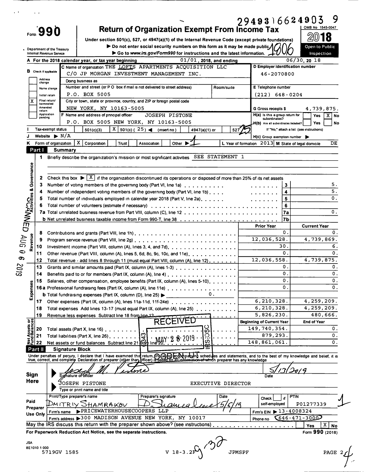 Image of first page of 2017 Form 990O for Lofts Apartments Acquisition LLC