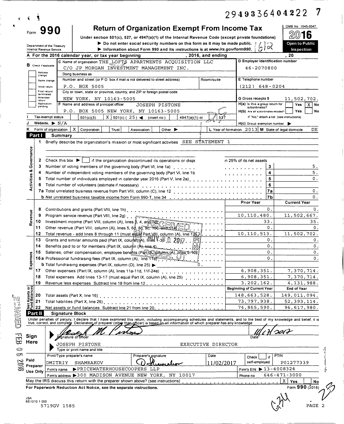 Image of first page of 2016 Form 990O for Lofts Apartments Acquisition LLC