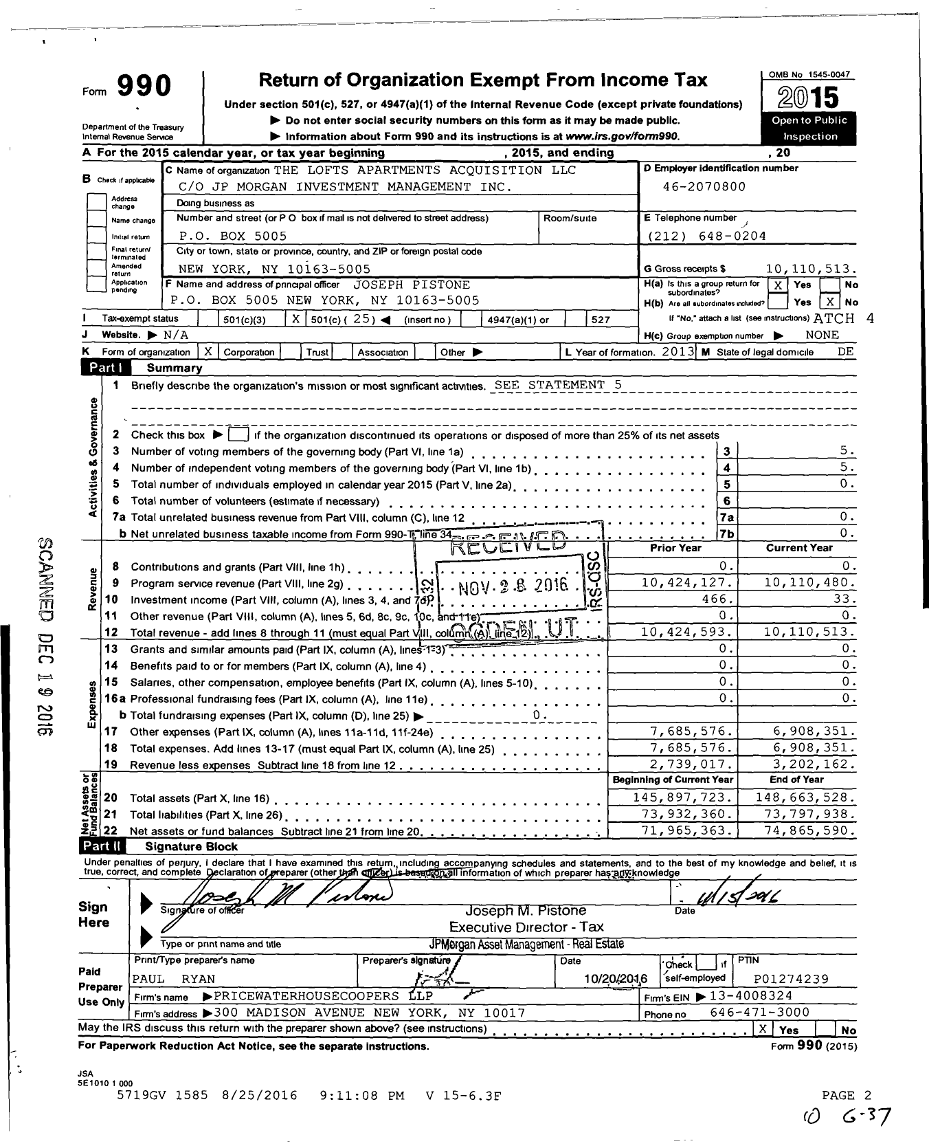 Image of first page of 2015 Form 990O for Lofts Apartments Acquisition LLC