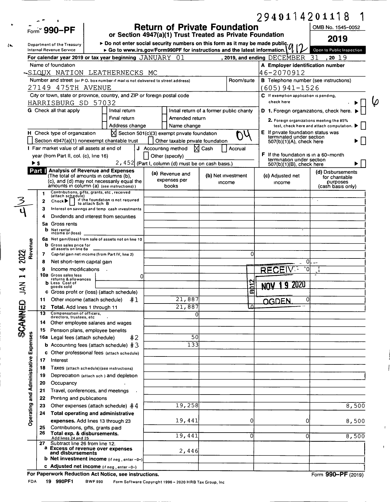 Image of first page of 2019 Form 990PF for Sioux Nation Leathernecks MC