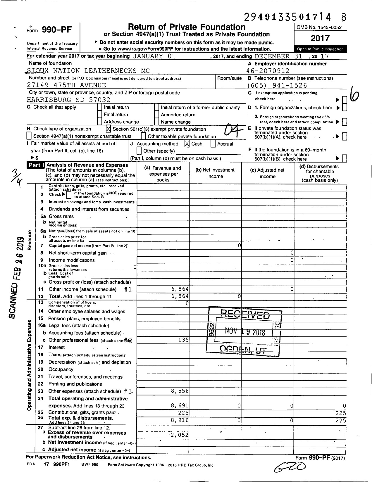 Image of first page of 2017 Form 990PF for Sioux Nation Leathernecks MC