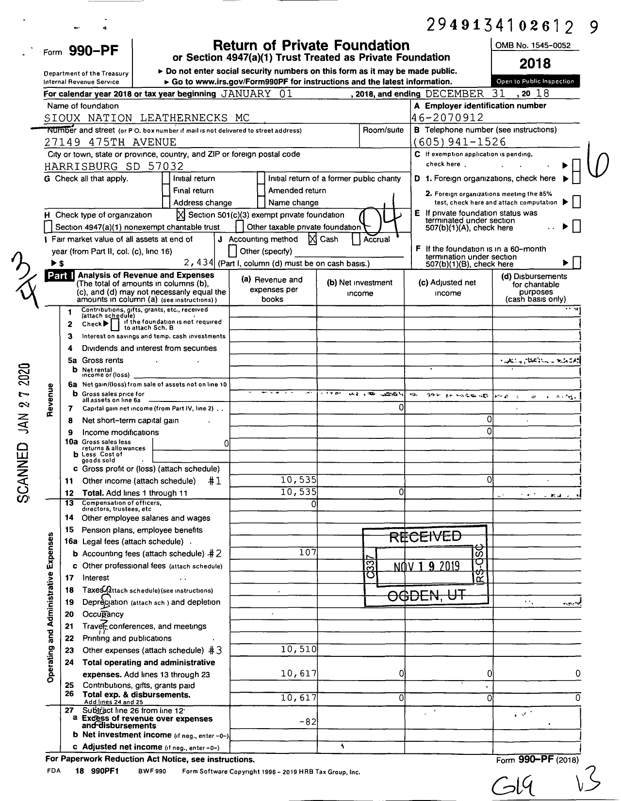 Image of first page of 2018 Form 990PF for Sioux Nation Leathernecks MC