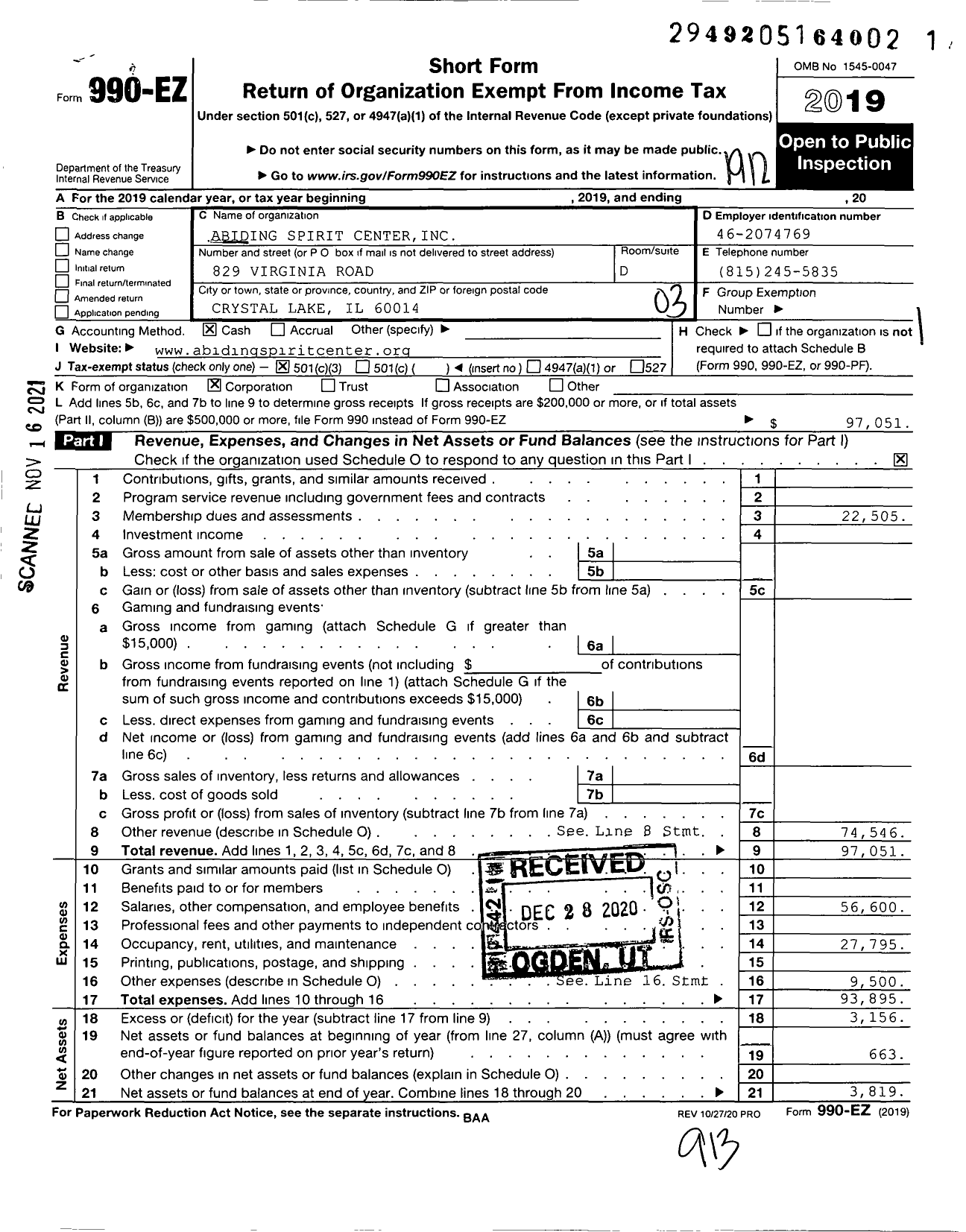 Image of first page of 2019 Form 990EZ for Abiding Spirit Center