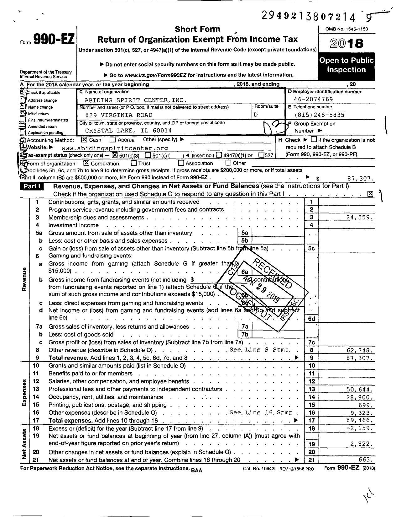 Image of first page of 2018 Form 990EZ for Abiding Spirit Center