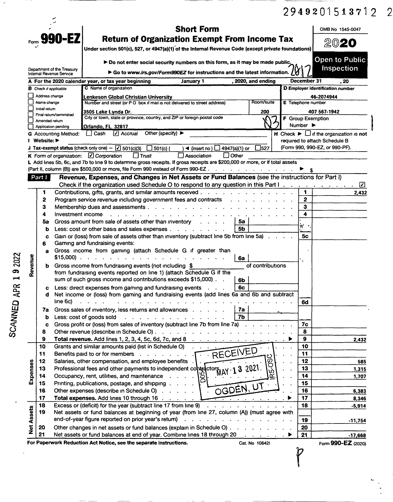 Image of first page of 2020 Form 990EZ for Lenkeson Global Christian University