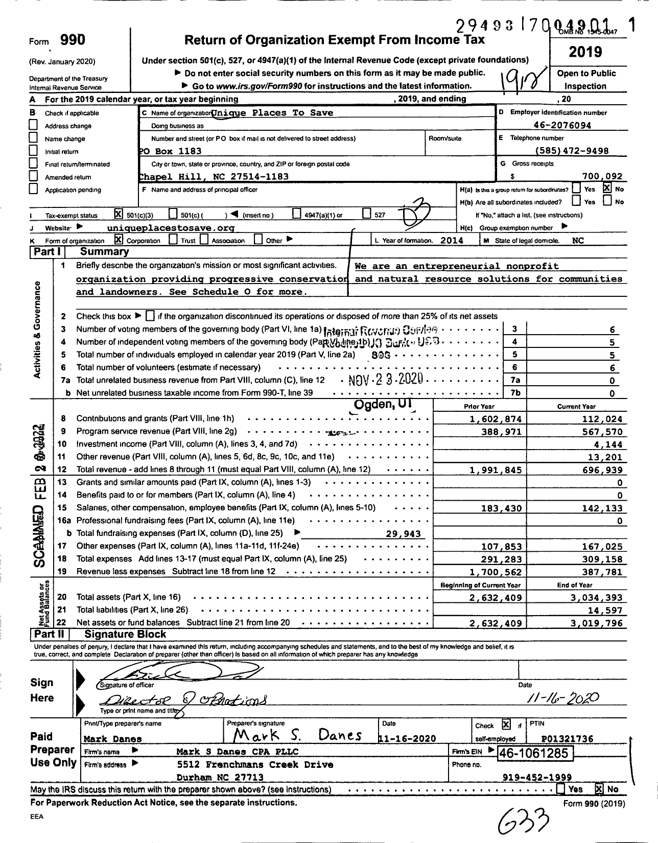 Image of first page of 2019 Form 990 for Unique Places To Save