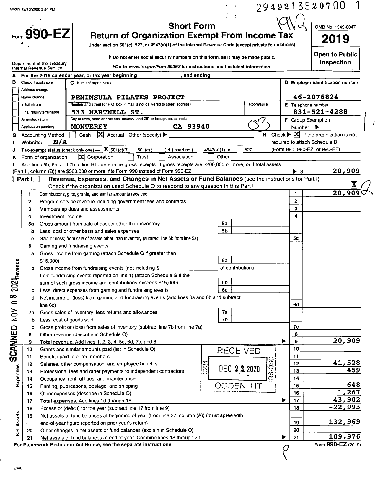 Image of first page of 2019 Form 990EZ for Peninsula Pilates Project Incorporated