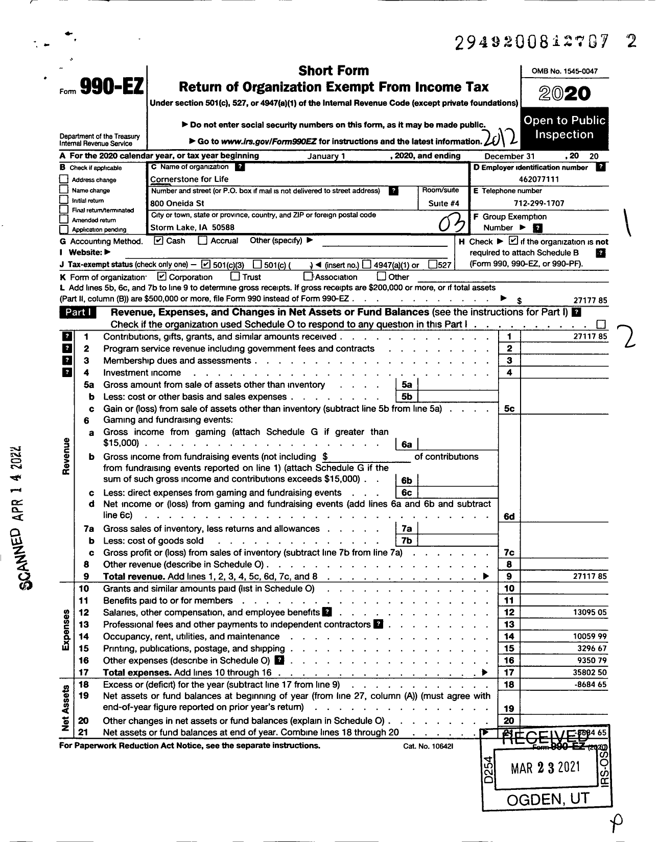 Image of first page of 2020 Form 990EZ for Cornerstone for Life