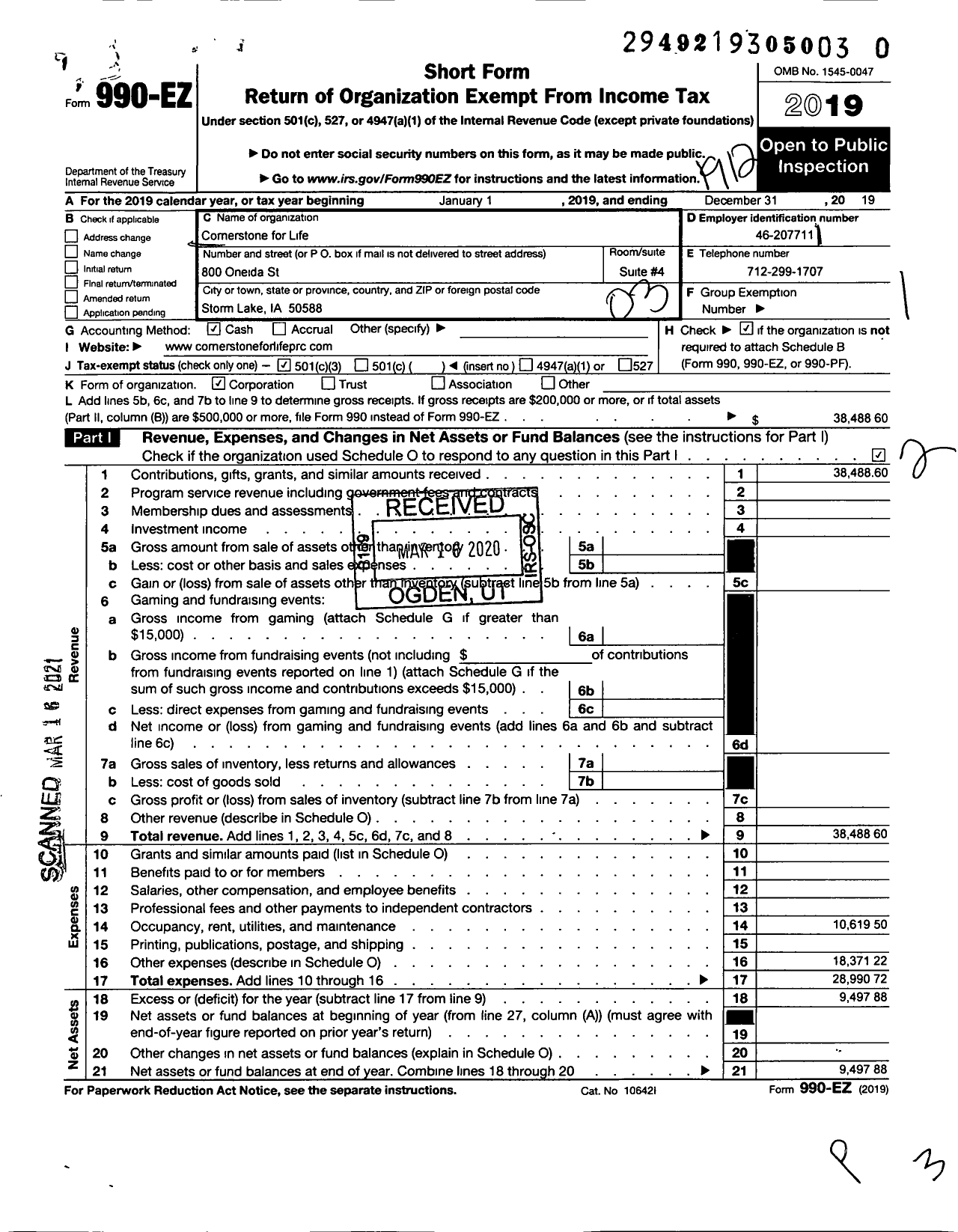 Image of first page of 2019 Form 990EZ for Cornerstone For Life