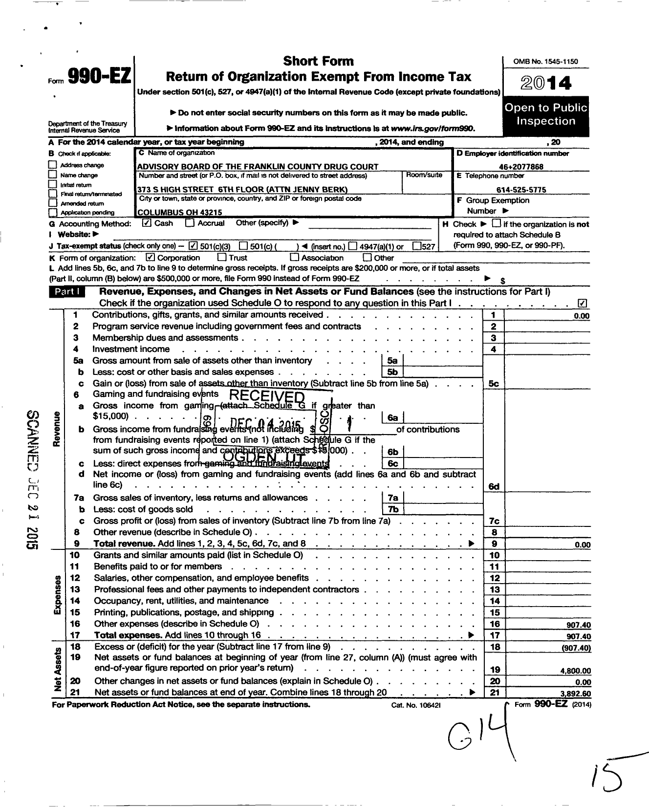 Image of first page of 2014 Form 990EZ for Advisory Board of the Franklin County Family Recovery Court