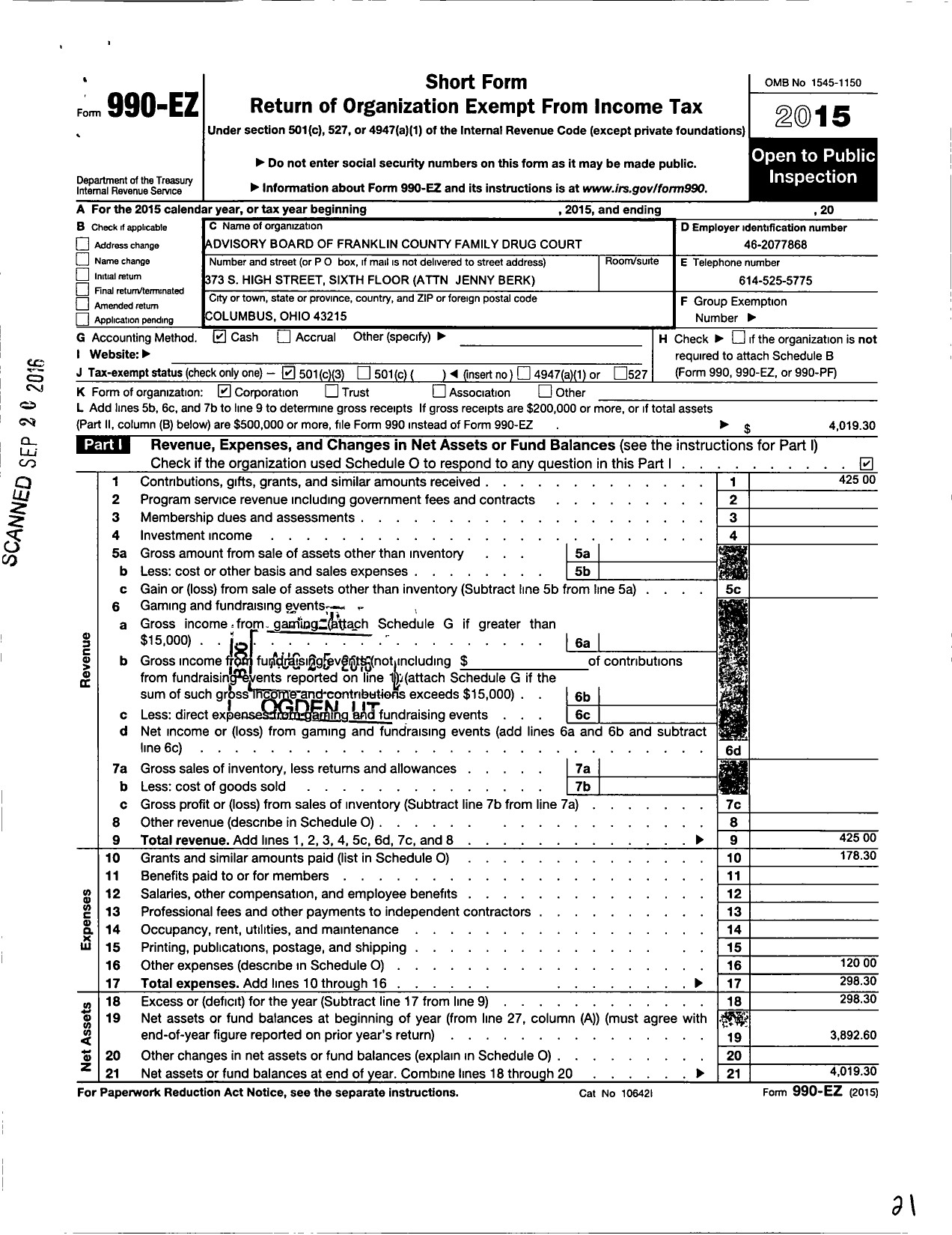 Image of first page of 2015 Form 990EZ for Advisory Board of the Franklin County Family Recovery Court