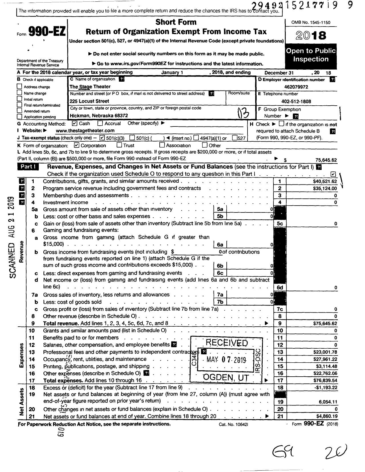 Image of first page of 2018 Form 990EZ for Stage Theater
