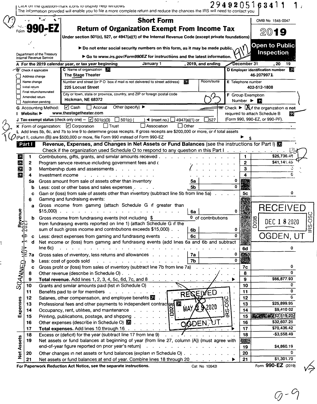 Image of first page of 2019 Form 990EZ for Stage Theater